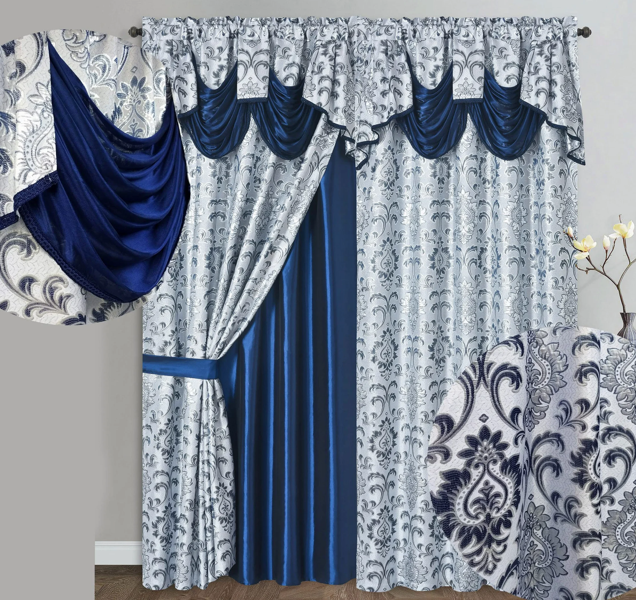 GOHD Samba Star Lot de 2 Rideaux de fenêtre en Jacquard avec cantonnière Fantaisie attachée et Dos en Taffetas. Chaque pièce Mesure 137,2 cm de Large x 228,6 cm de Hauteur avec cantonnière de 45,7 cm