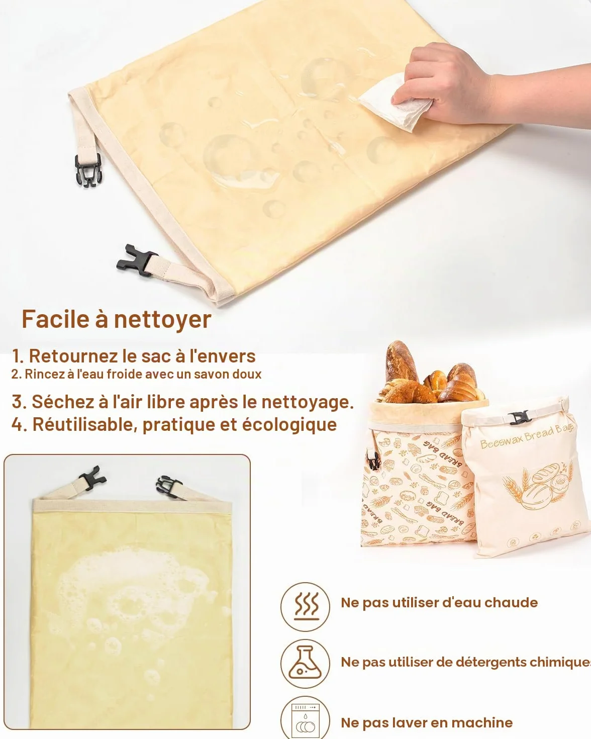 Sacs à Pain en Cire d'Abeille 43x33 cm Réutilisable en Coton Conservation Pain au Levain Baguette