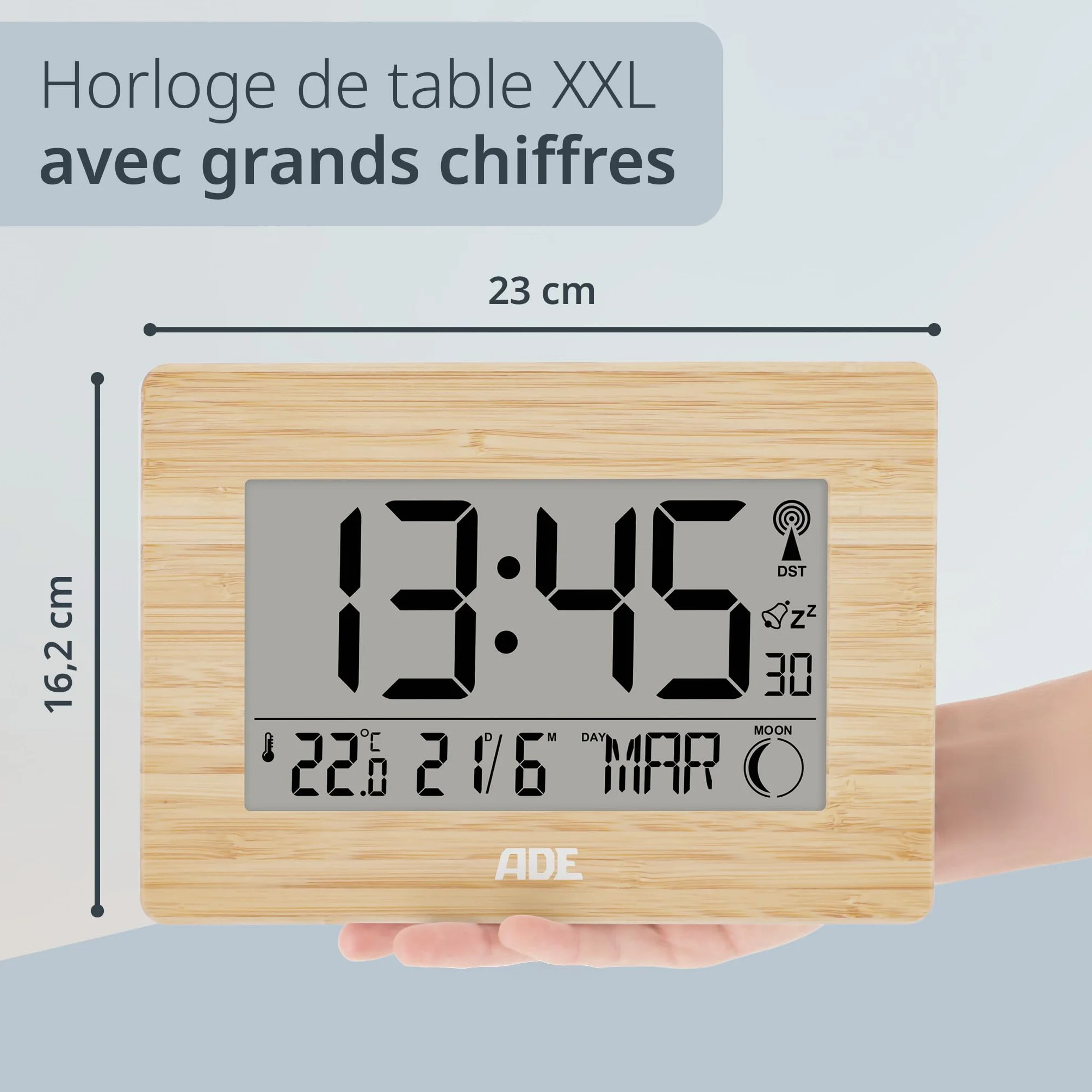 ADE Horloge Radio pilotée numérique Chiffres XXL Affichage température Design Moderne silencieuse Cadre Bois Bambou