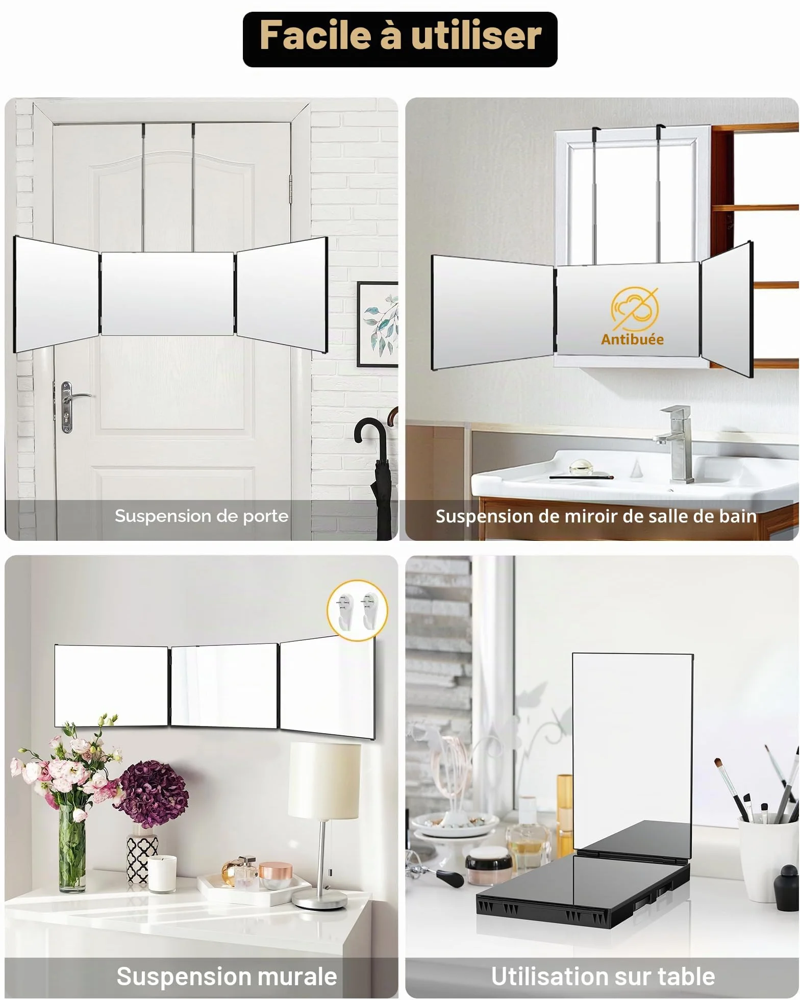 JUSRON Miroir à Suspendre 360° Pliable 3 Parties Réglable en Hauteur Cosmétique Maquillage Rasage Coiffure