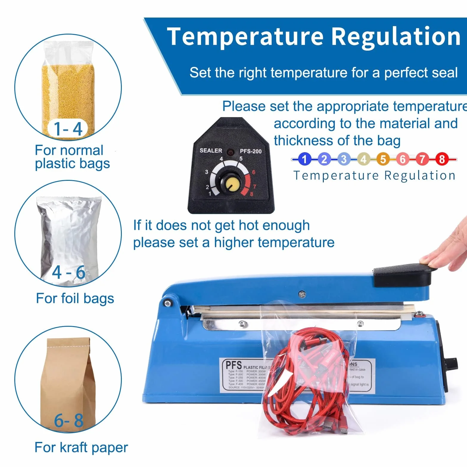 Apstour Scelleuse Thermique Soudeuse manuelle pour sachets plastique machine thermoscellage Impulse PE PP