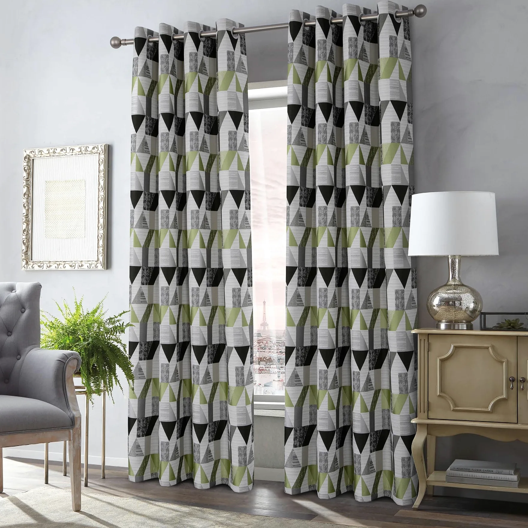 always4u Rideau Occultant à Motifs Géométrique en Faux Lin, Double Rideaux Isolation Thermique à Oeillets pour Salon et Chambre, Moderne, Vert 140x245cm Lot de 2