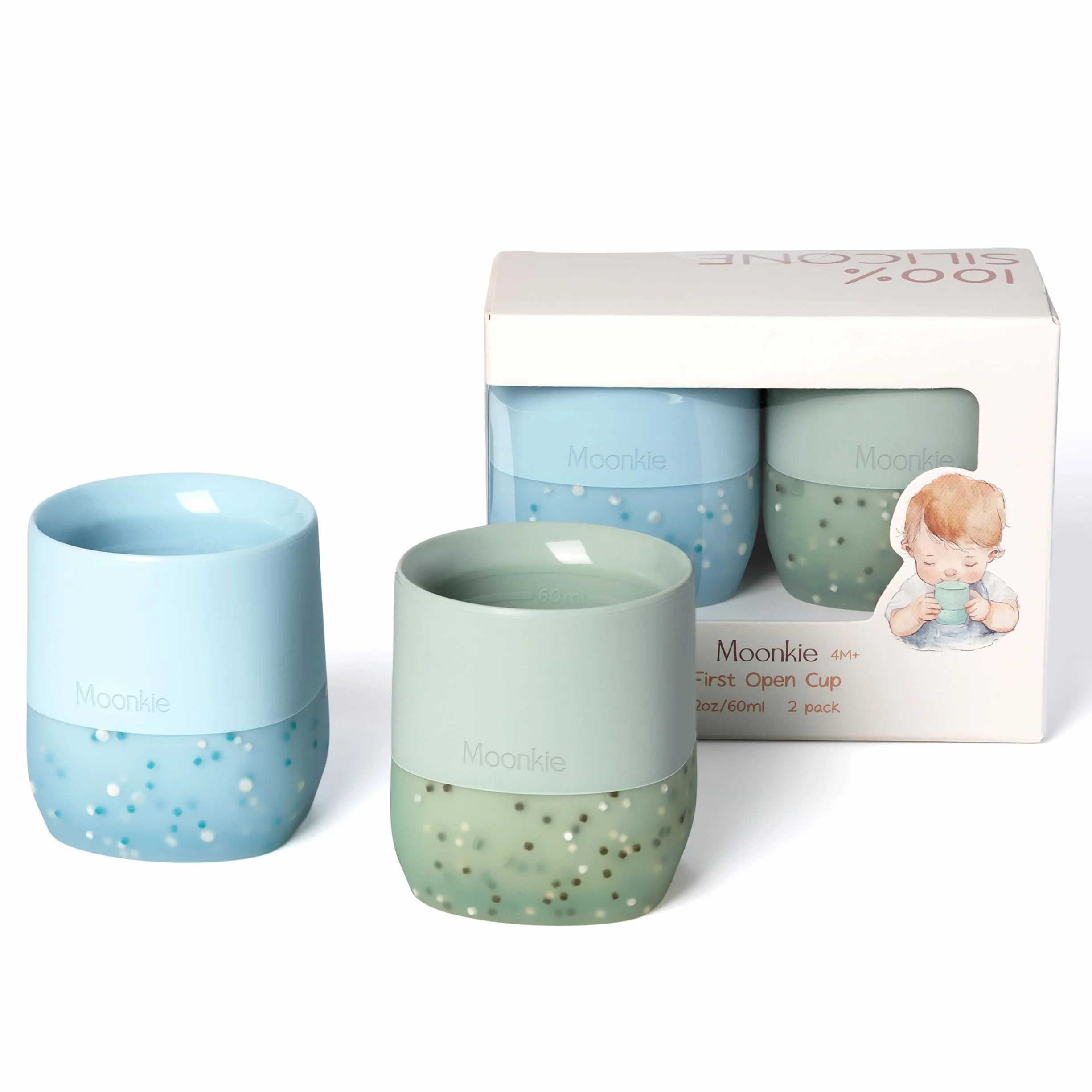 Moonkie Verre Bebe 60ml Lot de 2 Gobelets en Silicone Base Lestée Tasse Bebe Ouverte 4 Mois+ Sans BPA