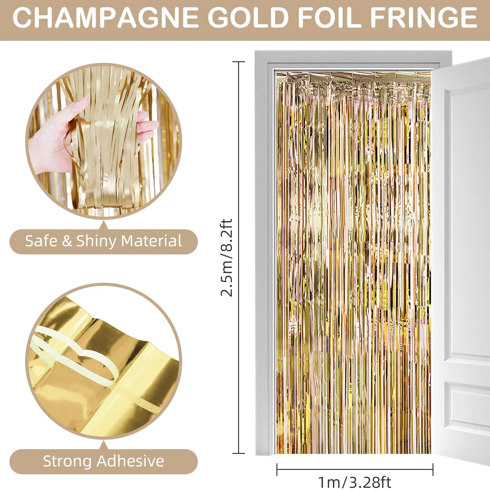 Lot de 30 rideaux à franges à franges en feuille d'or champagne – Accessoires pour fiançailles, mariage, fête prénuptiale, Nouvel An, Saint-Valentin – 10 x 2 m