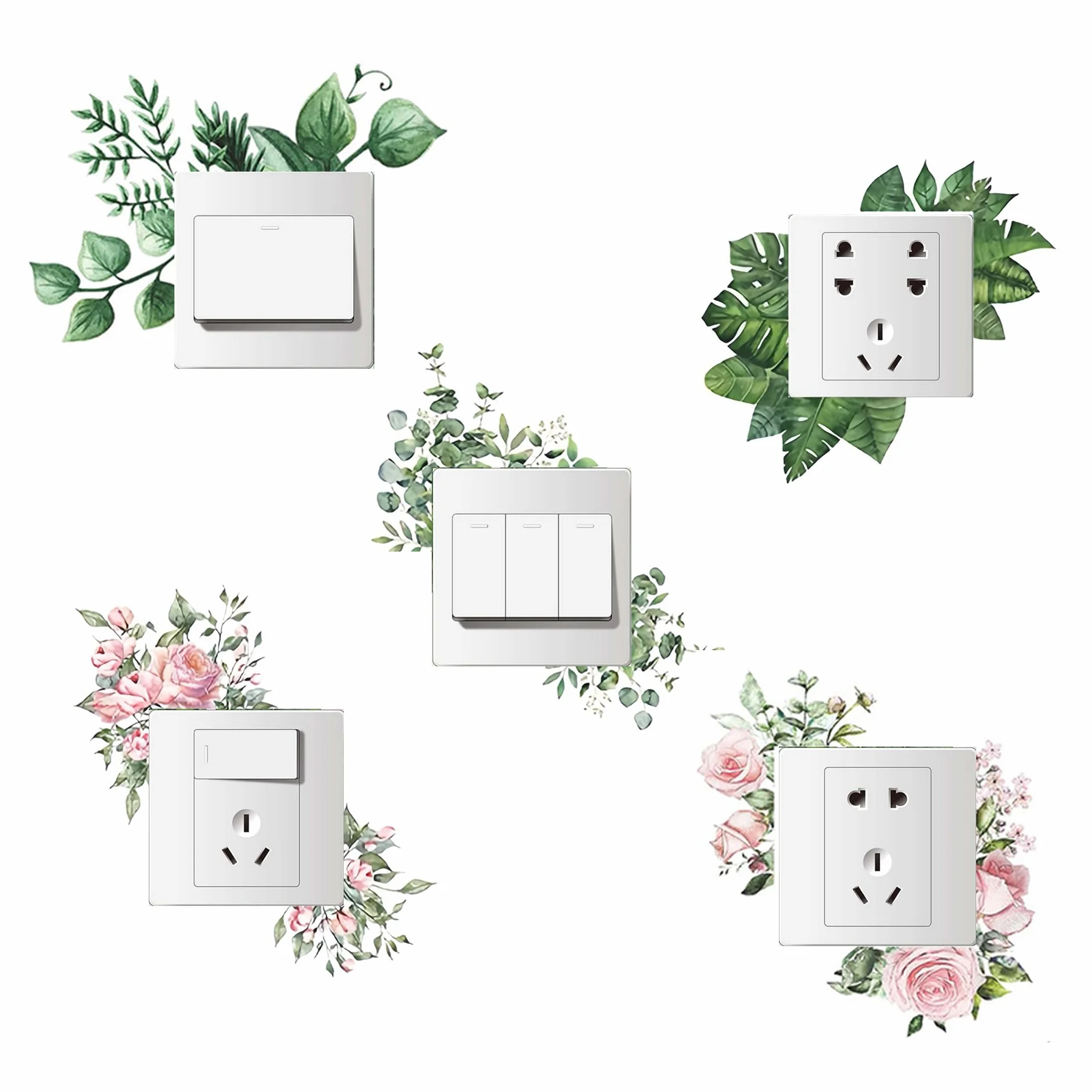 TINGWEN 5 Pièces Autocollant Interrupteur Mural Stickers PVC Green Plant Décoratif pour Salon Chambre