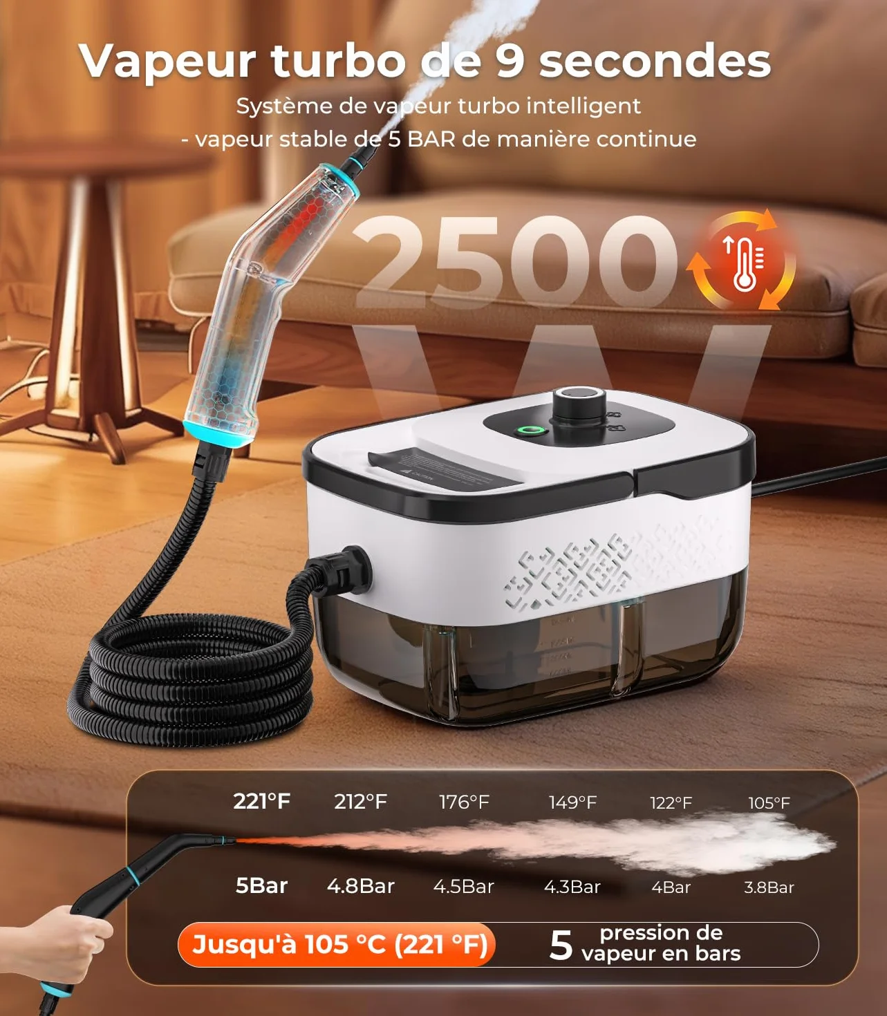 Nettoyeur Vapeur 18-en-1 SPJ Turbo Steam 9s Technologie Allemande