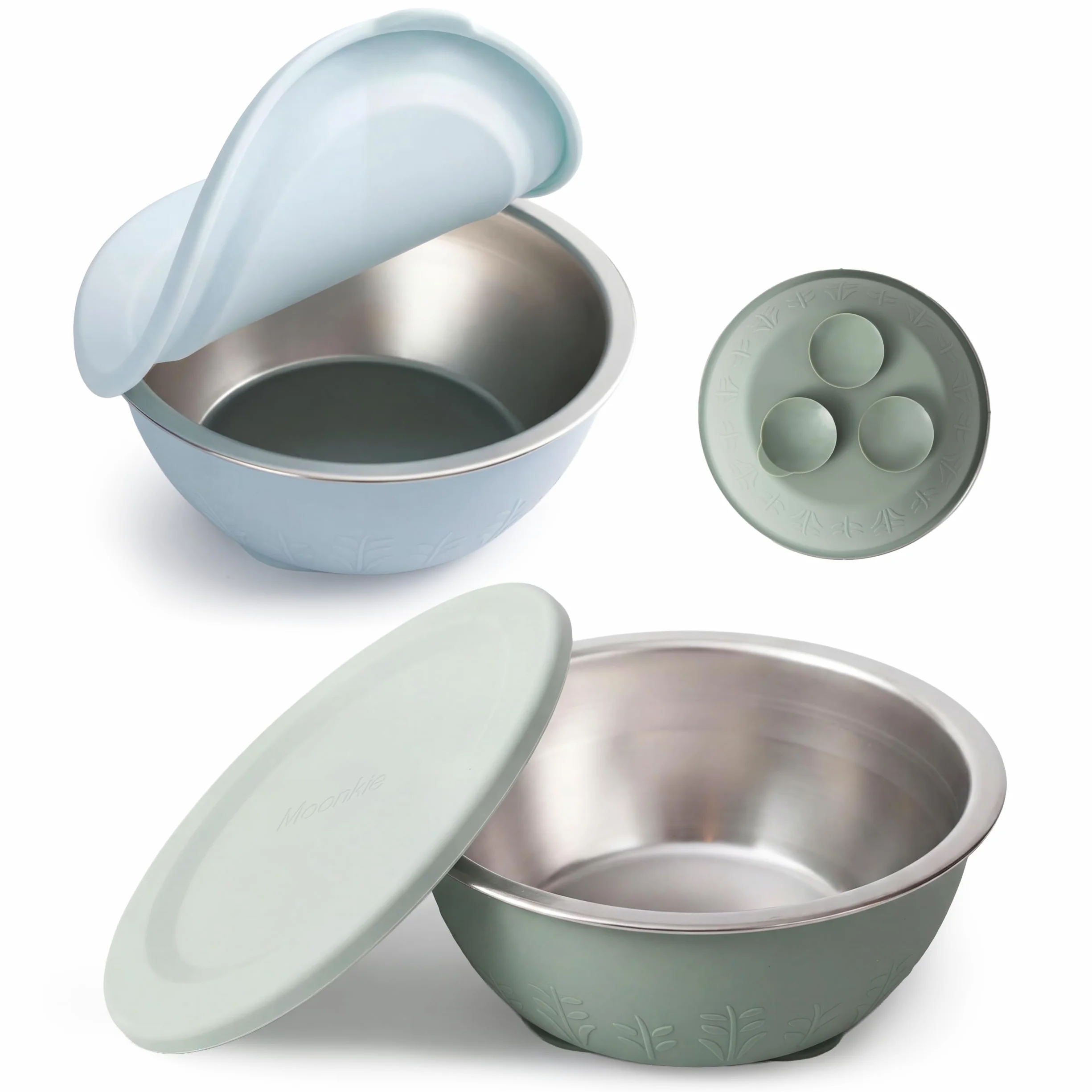 Moonkie Bols Bébé Inox 13oz Lot de 2 Bleu Pastel Vert Sauge Sans BPA Passe au Lave-Vaisselle