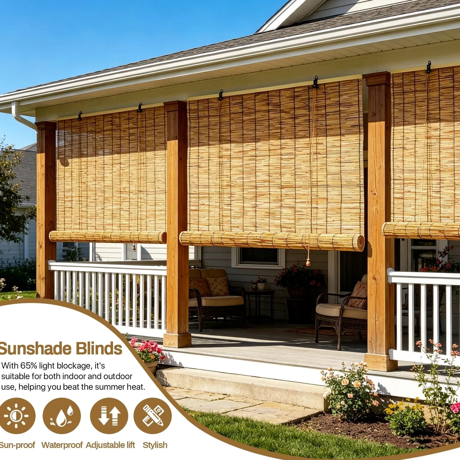 Store Enrouleur Extérieur Naturel Store Bambou Extérieur 100x200 120x160 150x180 150x200cm Rideau De Roseau Avec Levage Stores Venitien Bois Pare Soleil Balcon Terrasse Pergola Fenêtre(W130cmxL200cm)
