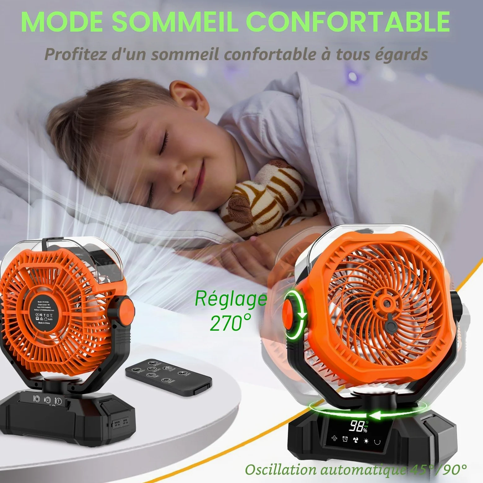 Multper 20000mAh Ventilateur Brumisateur Portable, Ventilateur Portable Rechargeable avec Réservoir d'Eau 360ML, LED, Télécommande, 5 Vitesses, Ventilateur USB Silencieux pour Camping, Bureau, Maison
