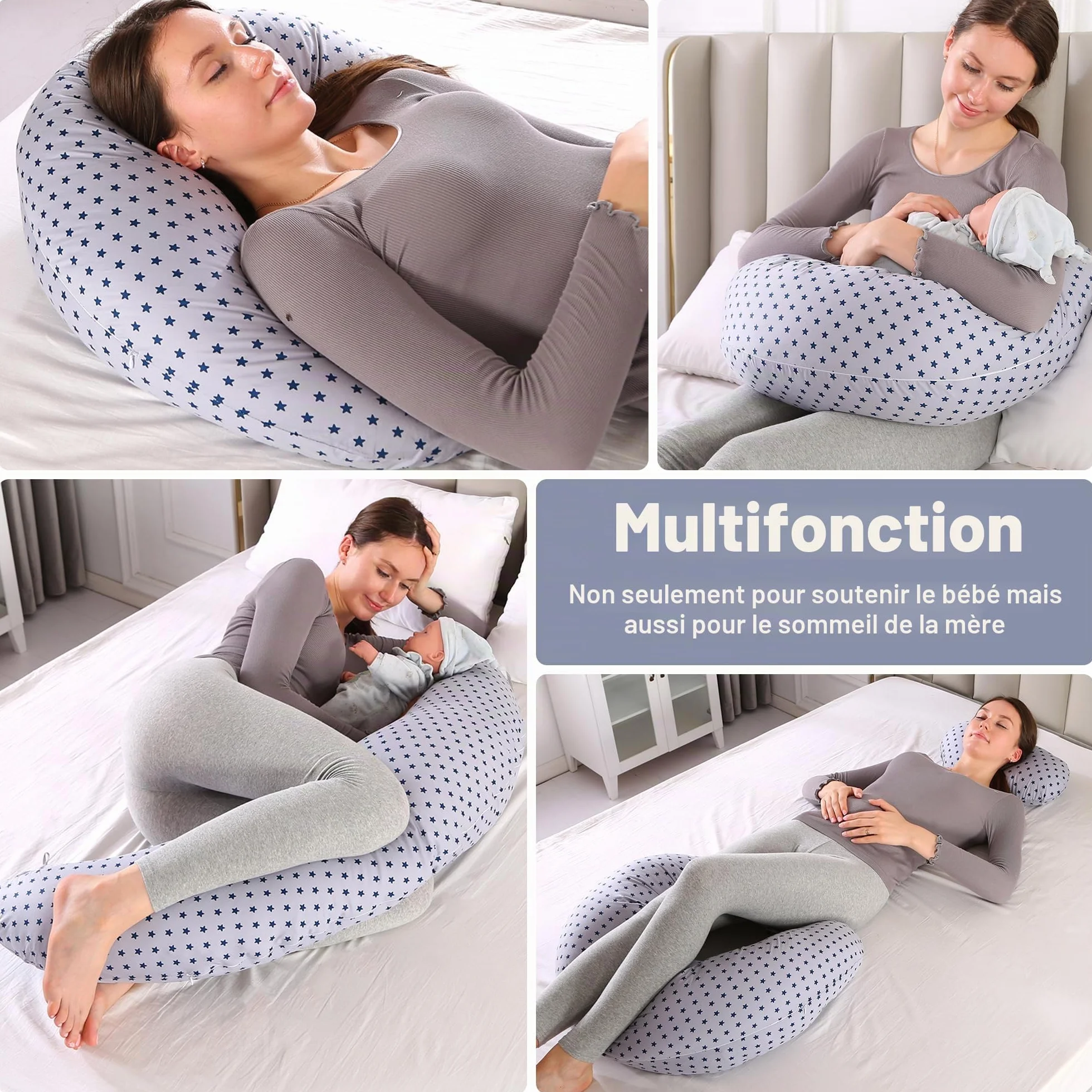 Coussin Allaitement 2 en 1 XXL Grossesse avec Housse Coton Bleu