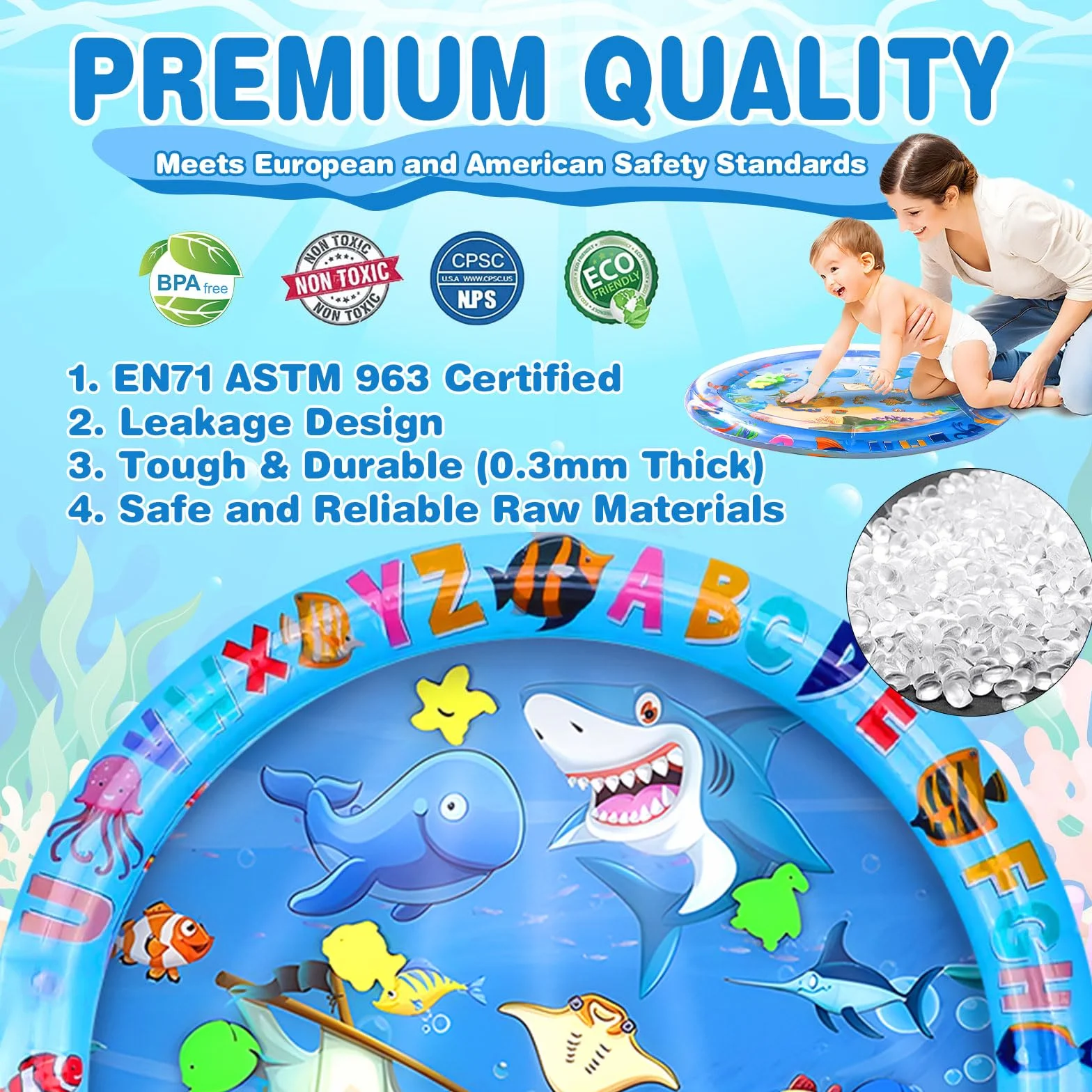 Tapis Eau Bebe Eveil 63 x 63 cm Aquarium Bebe Gonflé PVC Imperméable Motif Dauphin Sensoriel Rond