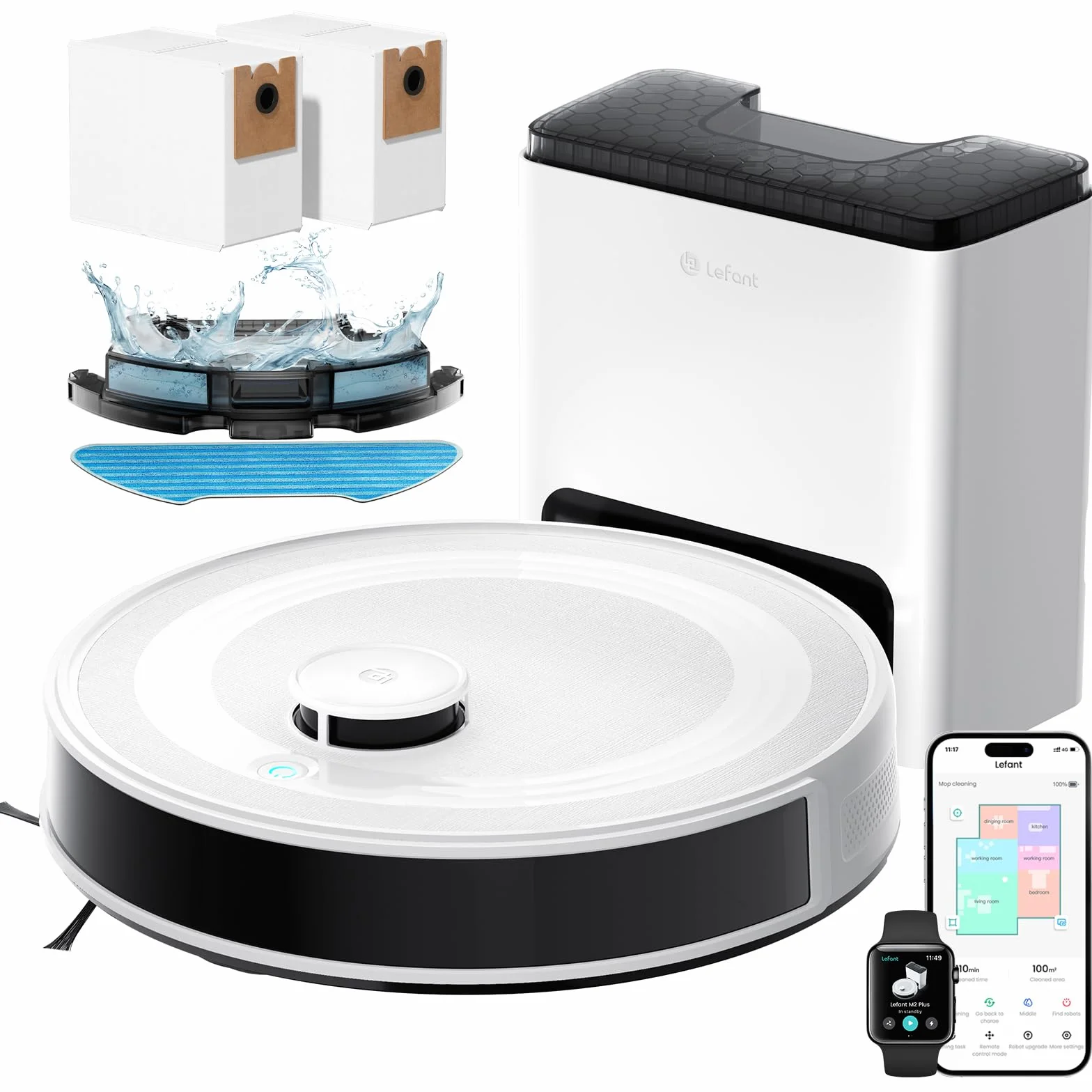 Lefant M2 Plus Aspirateur Robot Laveur avec Station, 6000Pa, Navigation Laser, Évitement d'obstacles PSD