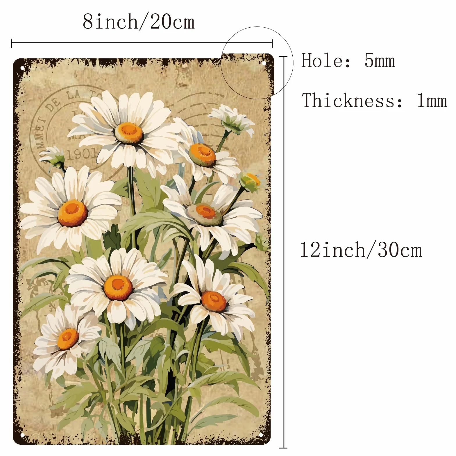 Panneau Métal Fleurs Étain Jardin Vintage Affiche Métal Marguerites 30x20cm