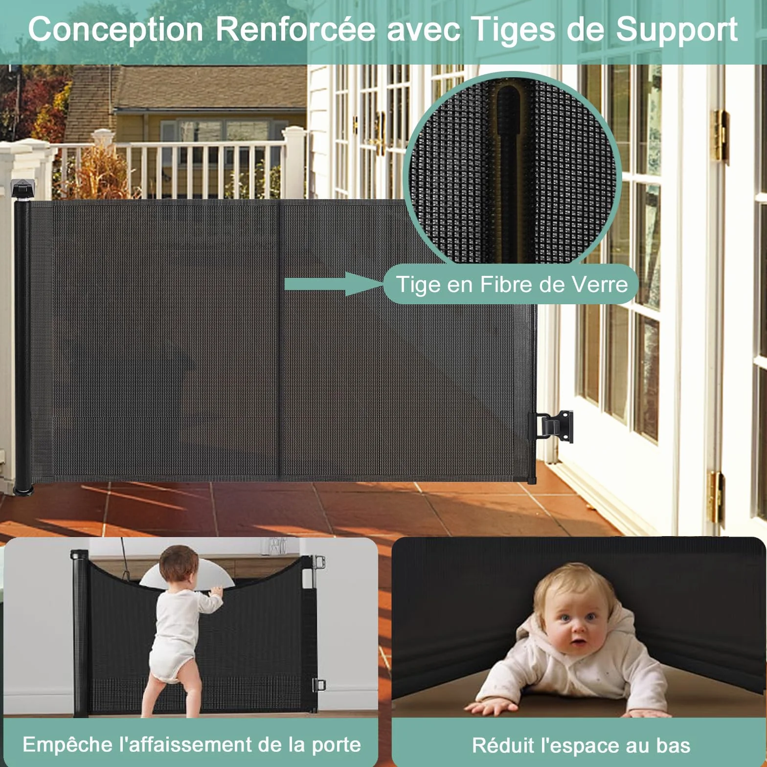 Barrière Sécurité Enfant Chien, Barriere Securite Retractable, Renforcement Fibre Verre, 1.5M
