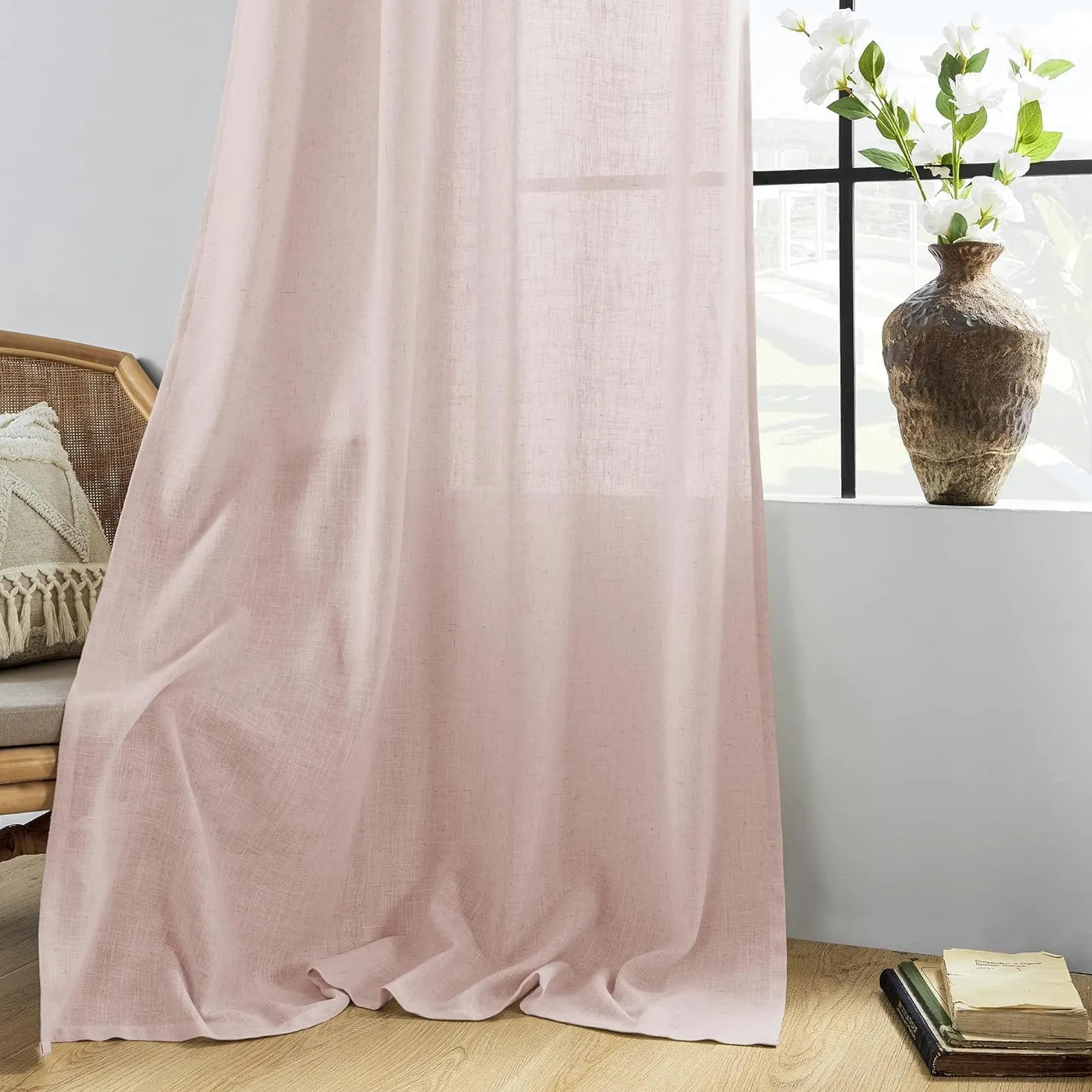 CUCRAF Rideau avec Oeillets Voilage Lin Semi-Transparent, Vieux Rose 140x245cm Lot de 2