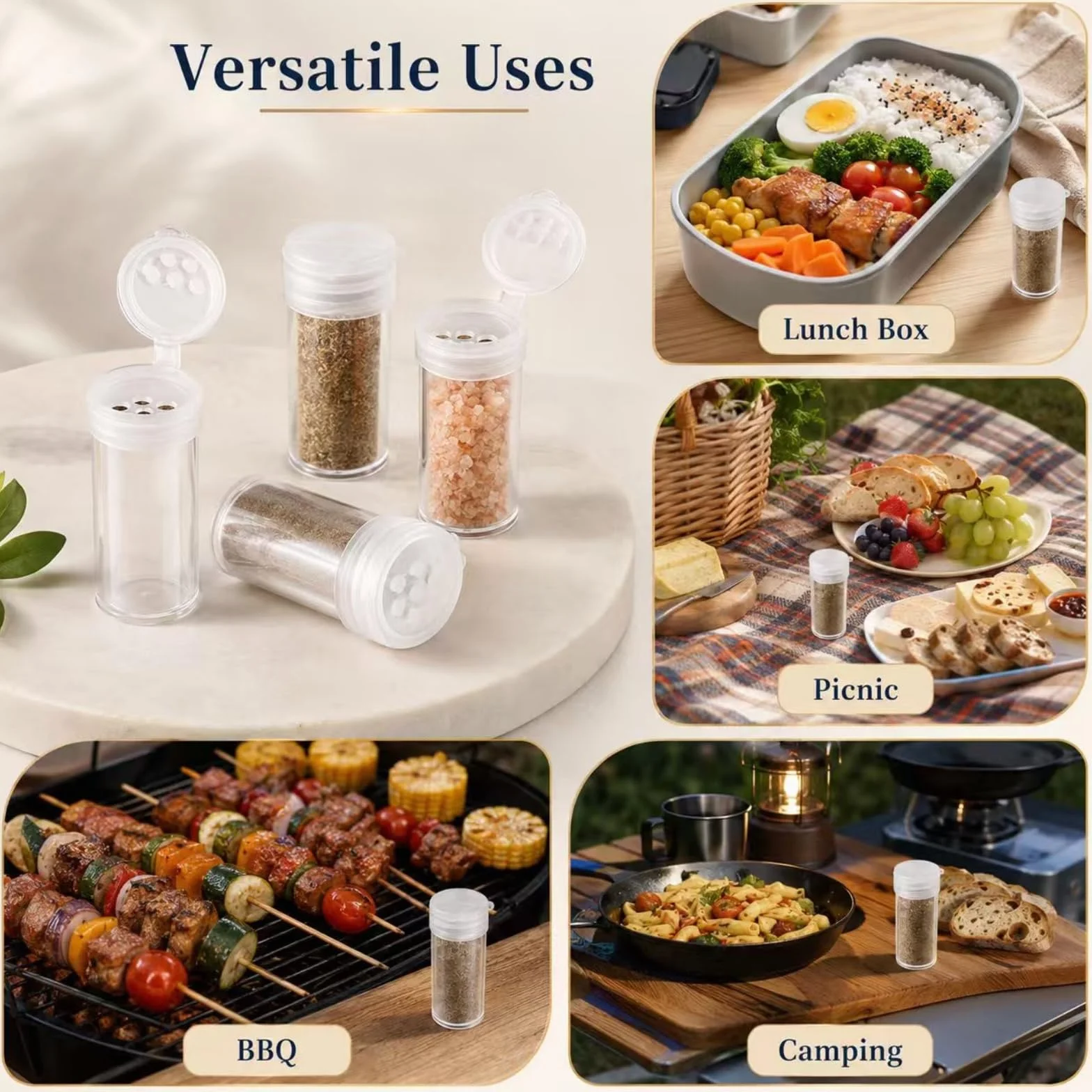 Mini Pot à Épices Transparent avec Bouchon à 5 Trous, Contenant pour Sel Poivre Voyage Camping, 6 Pièces