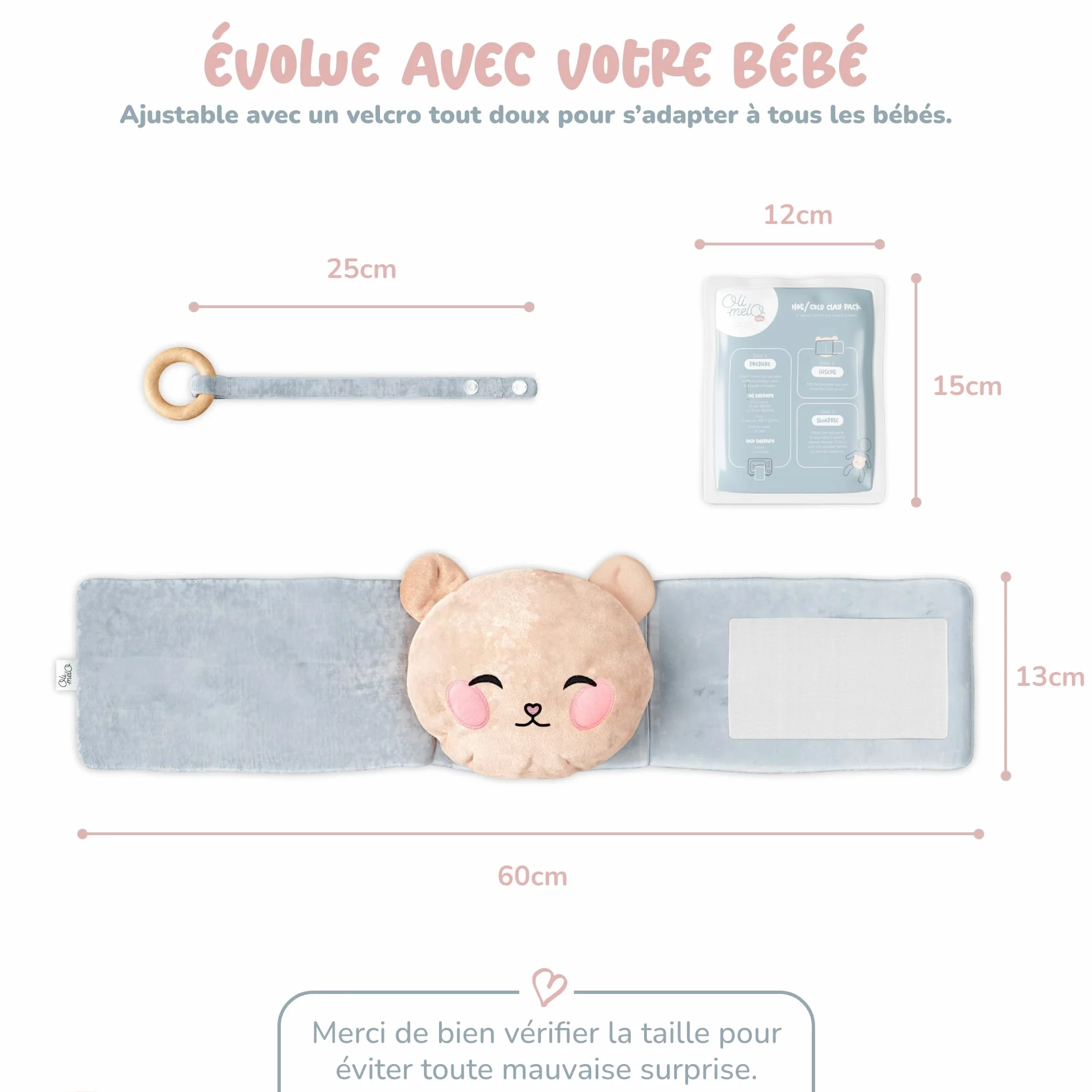 Bouillotte Bébé Anti Colique Chaud Froid Argile CE Naturel Anneau Dentition Inclus Ceinture Doudou Peluche Nourrisson