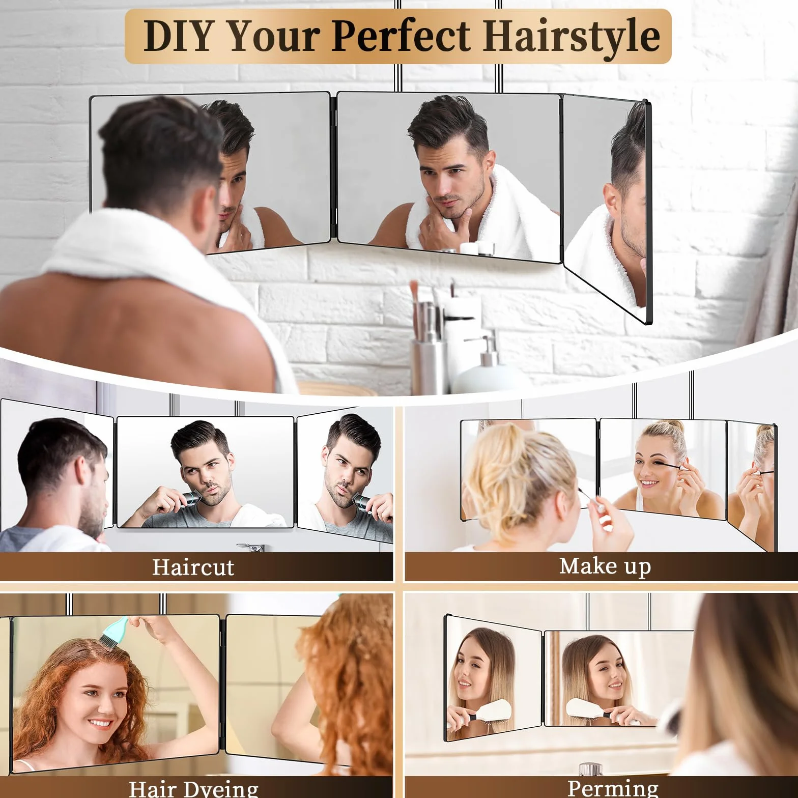 Miroir Coiffure 360° 3 Faces Barbier Réglable Pliable Portable