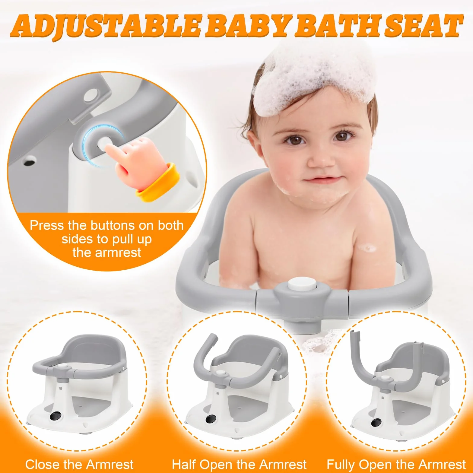 Siège de Bain Bébé 6 Mois et Plus, Anneau de Bain avec 4 Ventouses Puissantes, Antidérapant, Transat de Bain 6-24 Mois, pour Douche ou Baignoire (Gris)
