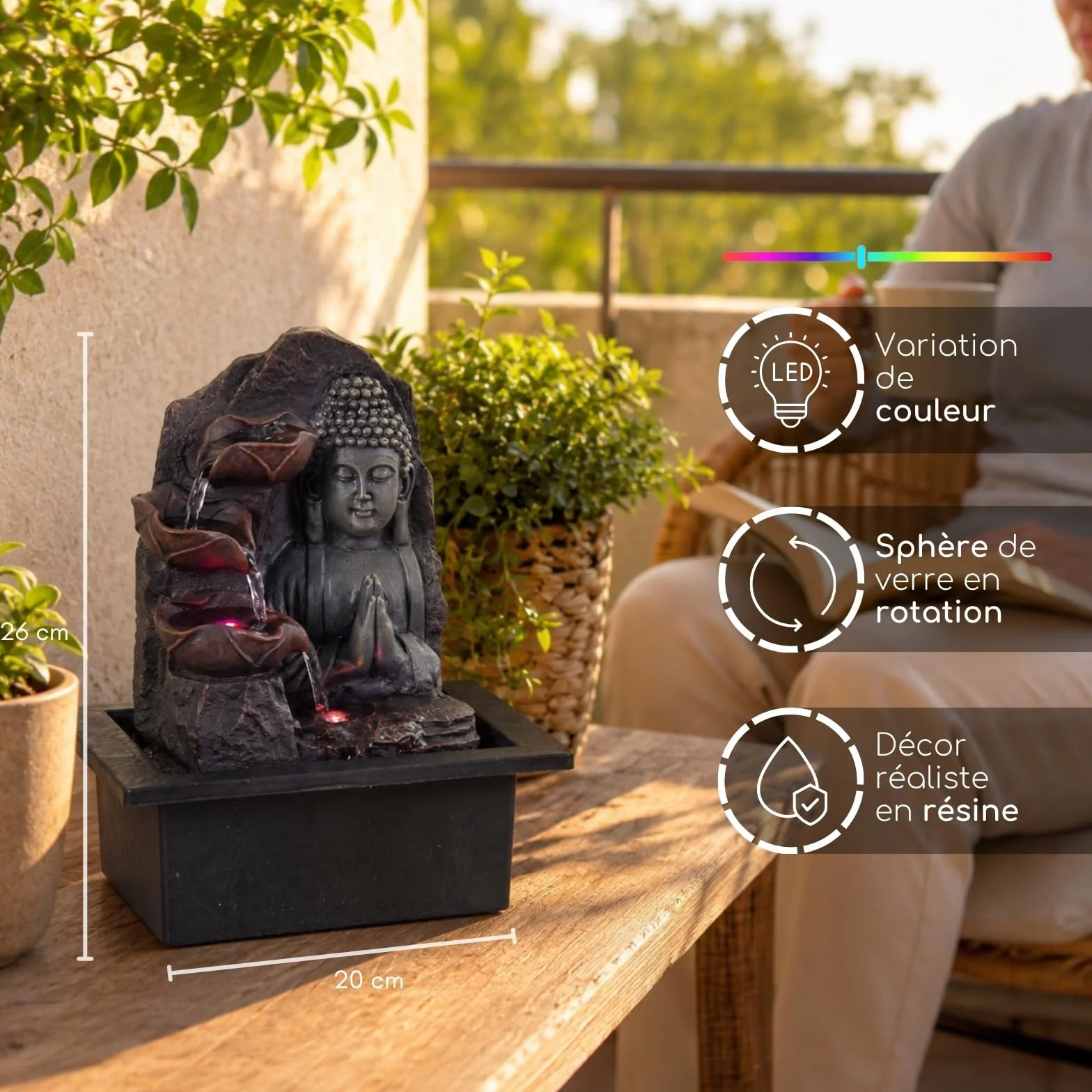 Fontaine d’Intérieur Cascade Bouddha Lotus LED Lumière Colorée Feng Shui 21 x 21 x 26 cm