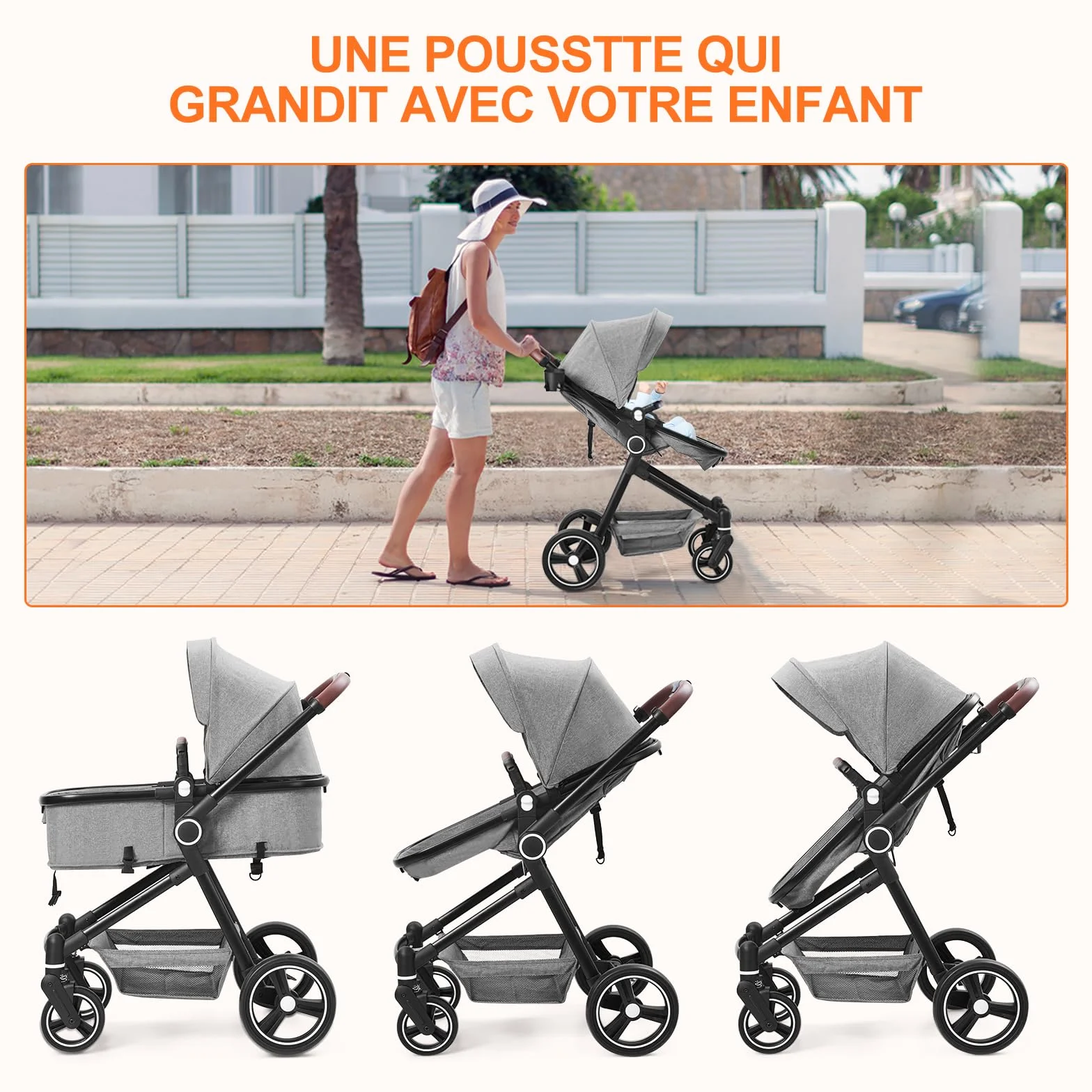 Poussette 2 en 1 Compacte Légère Pliable Siège Inclinable Landau Réglable Tout Terrain 0-3 Ans