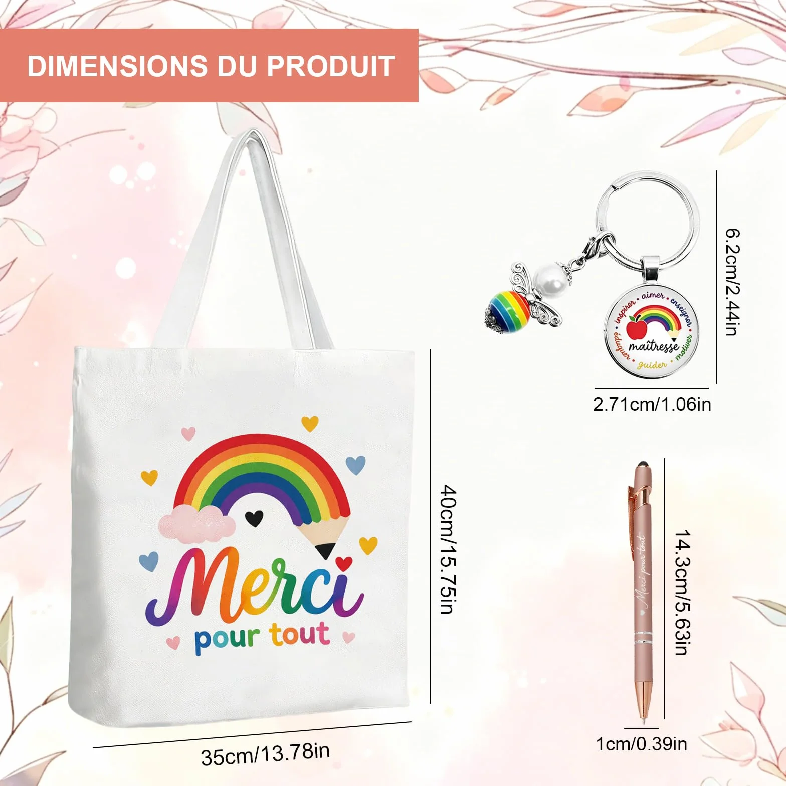 Cadeau Maitresse d'École Tote Bag Merci Porte-Clés Arc-En-Ciel Stylo Rose Tissu Résistant Design Coloré