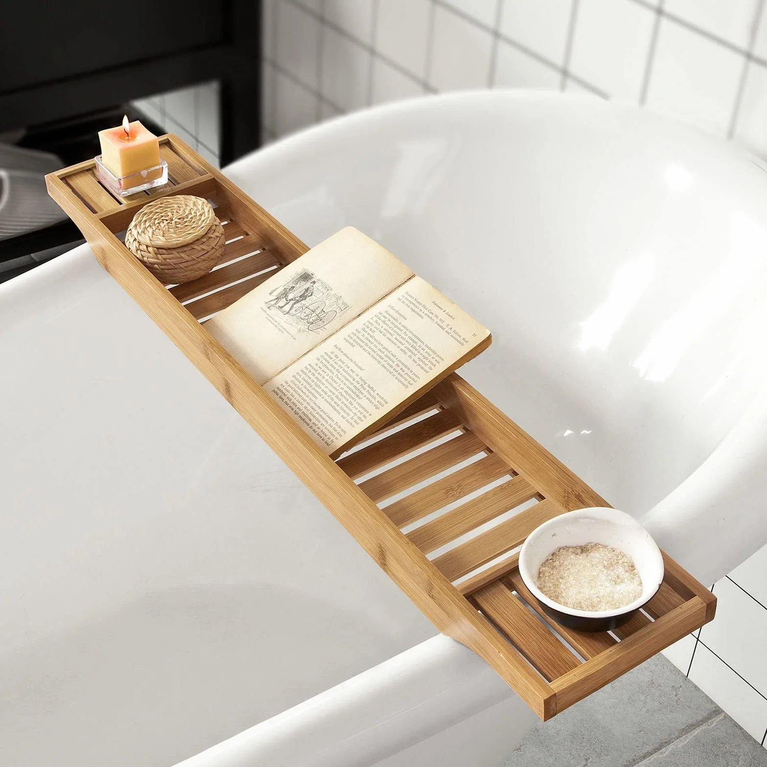 SoBuy Plateau de Baignoire en Bambou 80 cm – Pont de Baignoire en Bois pour Grandes Baignoires, Support Verre de Vin & Emplacement Bougie