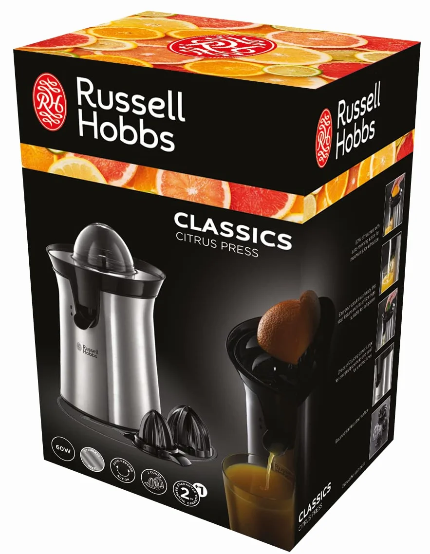 Russell Hobbs Presse Agrumes Electrique Classic Inox brossé 2 Sens Rotation 2 Cônes Interchangeables sans BPA 22760-56