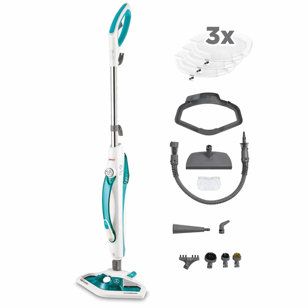 Polti Vaporetto SV450 Double Balai Vapeur 2-en-1 13 Accessoires Réservoir 0,3 L Bleu Clair Blanc