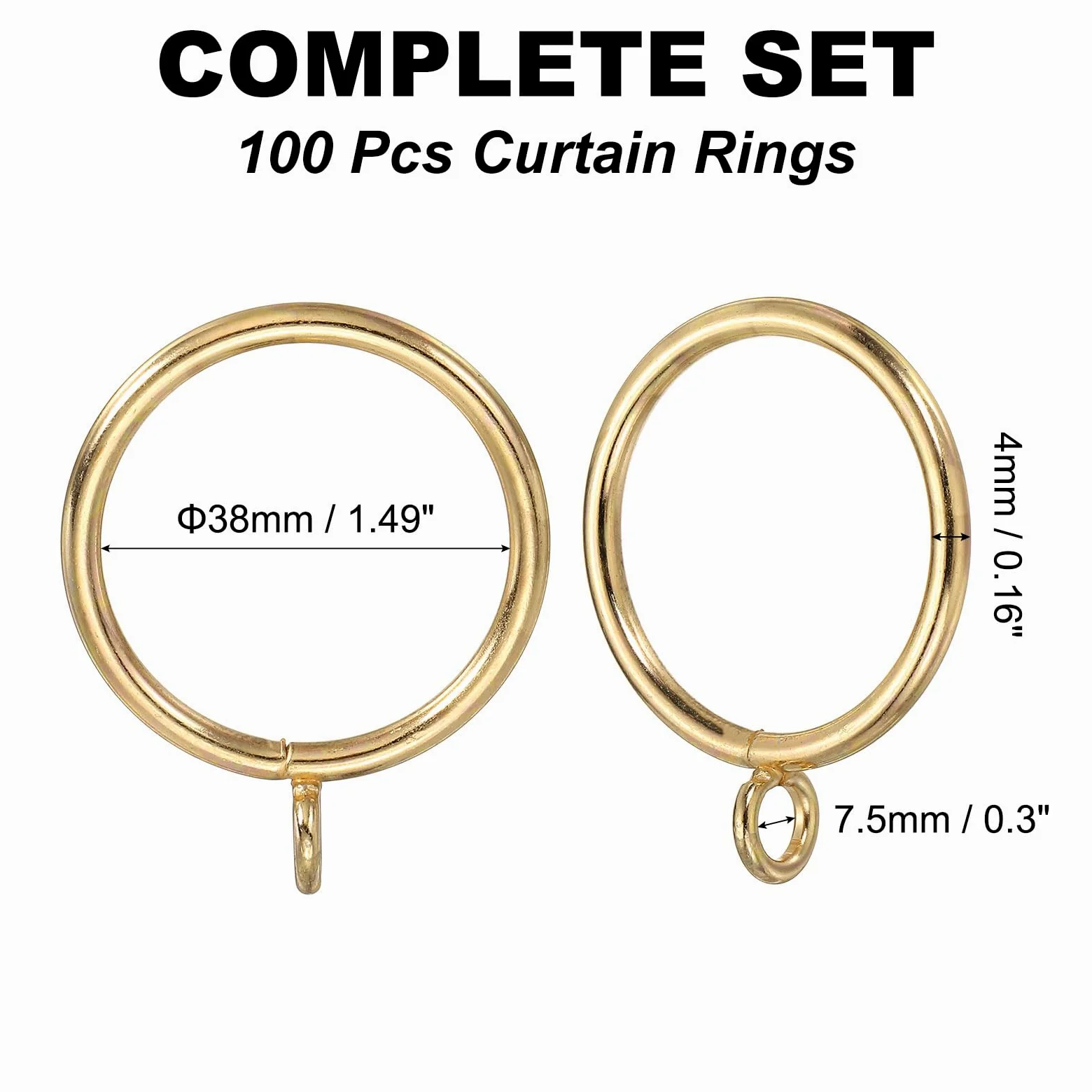 DTGN Anneaux de rideau avec œillet 38 mm de diamètre intérieur, doré | Lot de 100 anneaux de suspension en métal pour rideaux, fenêtre, porte, séparateur de salle de douche