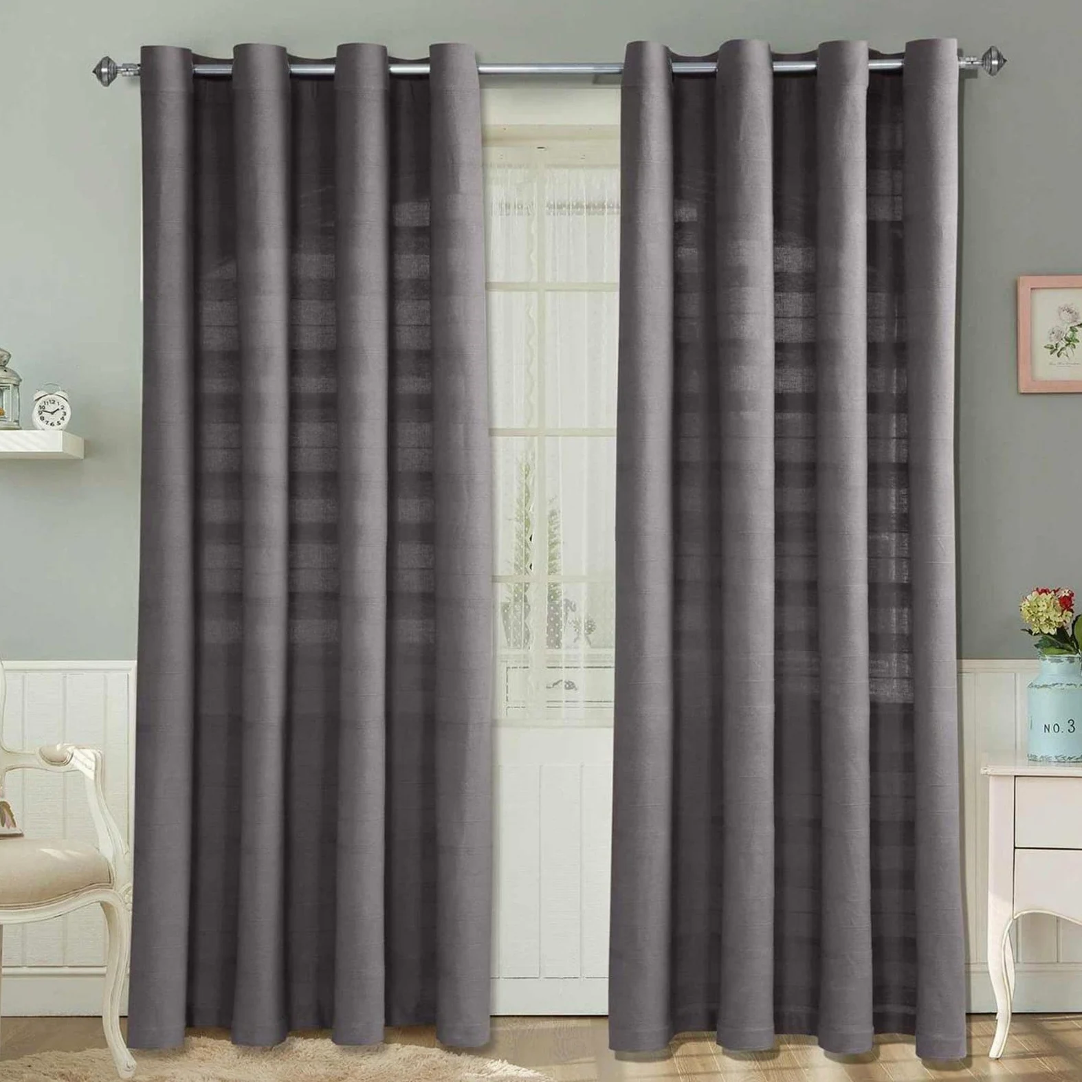 HOMESCAPES Paire de Rideaux à œillets – Gris 167x182cm – Collection Rajput 100% Coton
