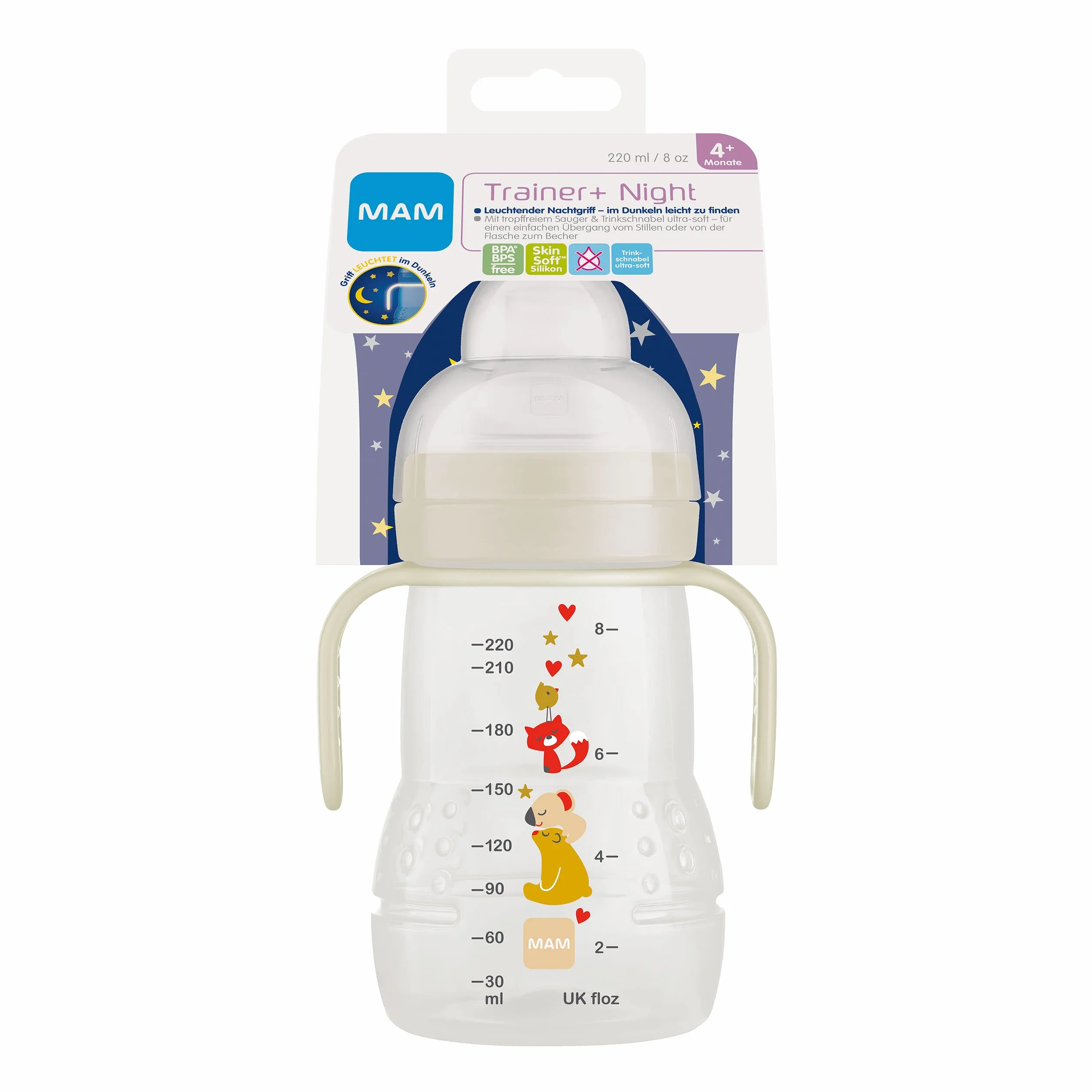 MAM Trainer+ Gourde d'apprentissage de nuit 220 ml avec poignée lumineuse anti-goutte, 4 mois+, koala