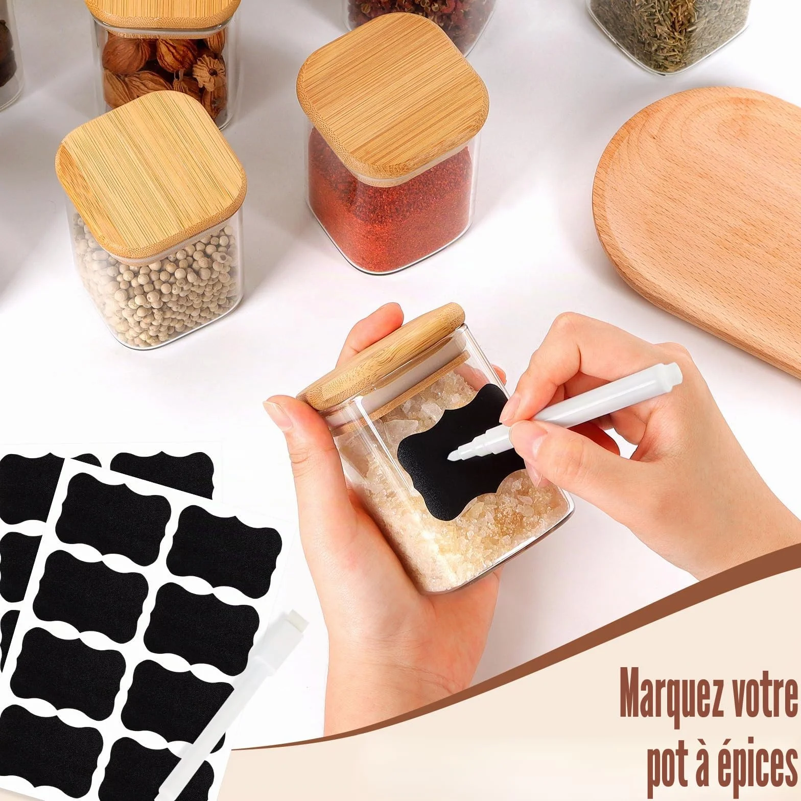 Lot de 12 Pots à Épices Carrés 200 ml Hermétiques avec Couvercle en Bois Verre