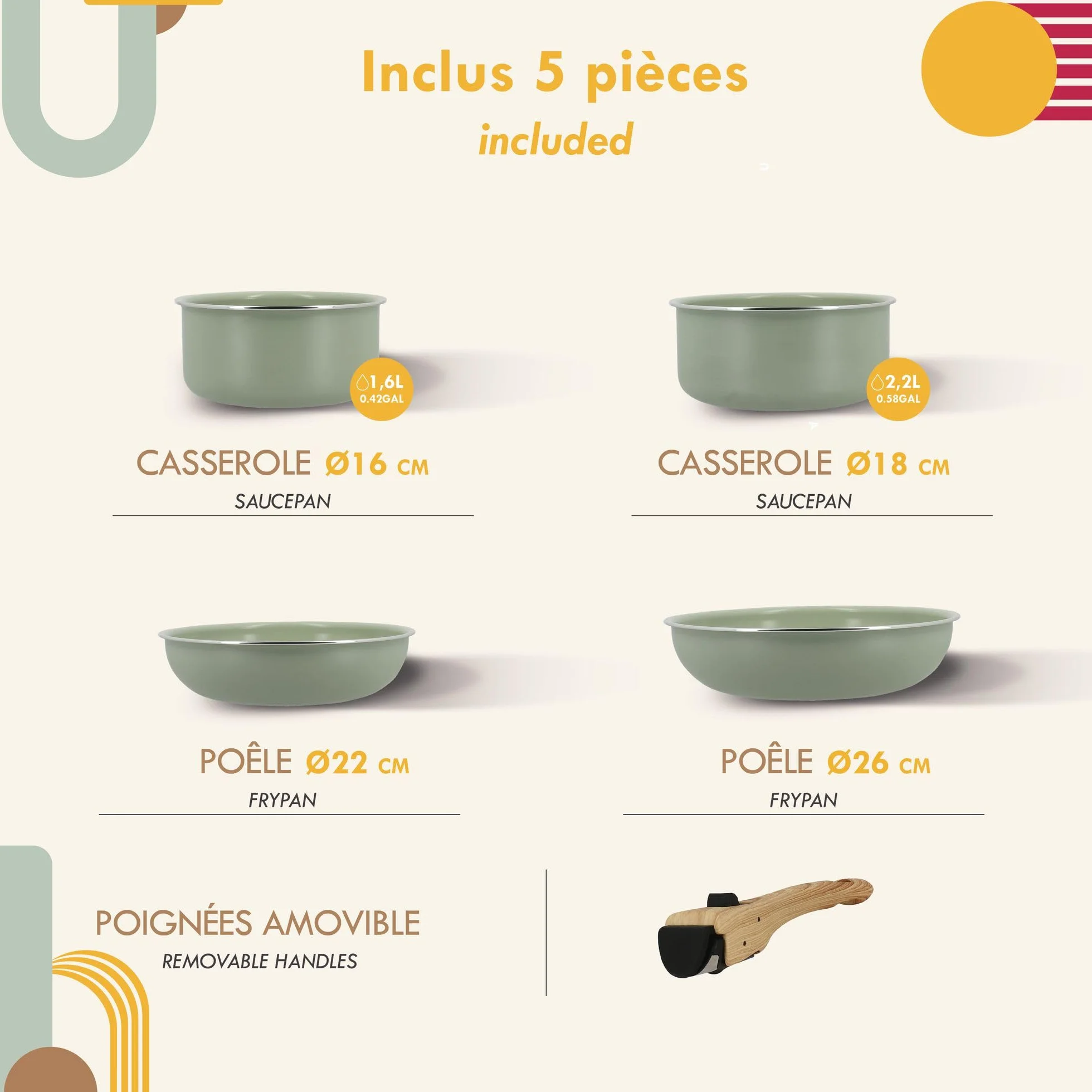 MENASTYL Batterie de Cuisine Amovible Empilable Tous Feux Induction Revêtement Céramique Antiadhésif sans PFAS 2 Poêles 2 Casseroles Poignée
