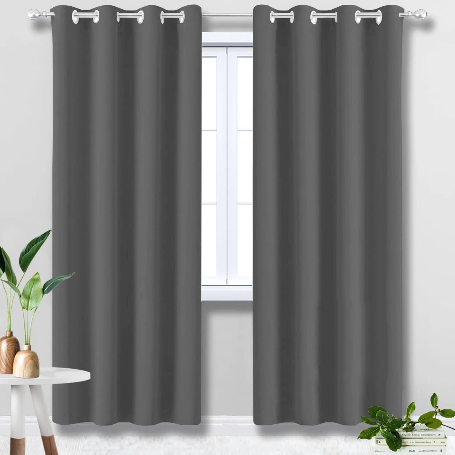 Rideau Occultant 150x300cm Thermique Grande Largeur à Oeillets Anti UV Rideau Isolant Thermique pour Chambre Enfant Cuisine Porte Gris Foncé