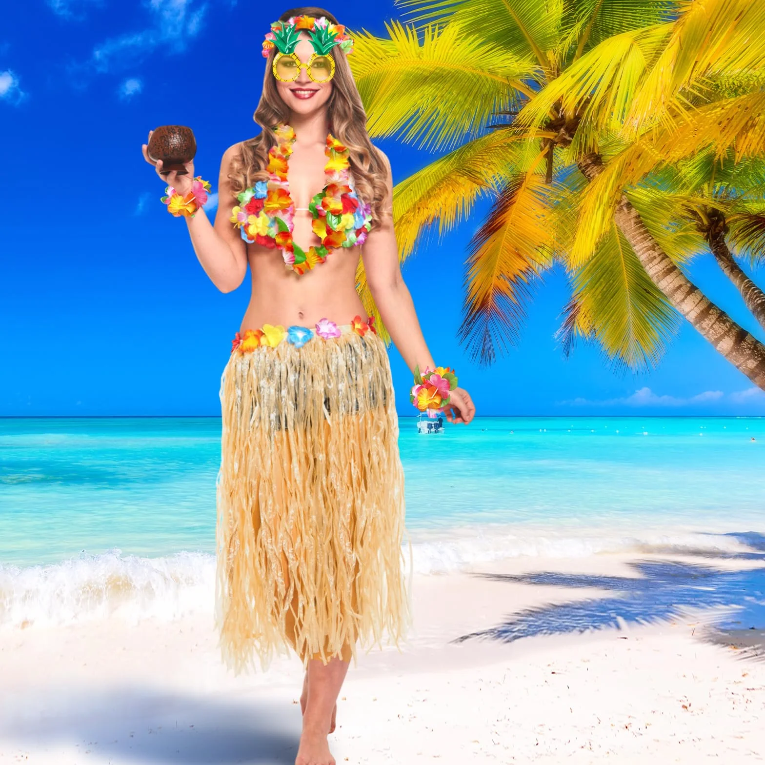 Décorations de fête hawaïennes lot de 6 collier fleurs bracelets bandeau lunettes ananas jupe déguisement adulte