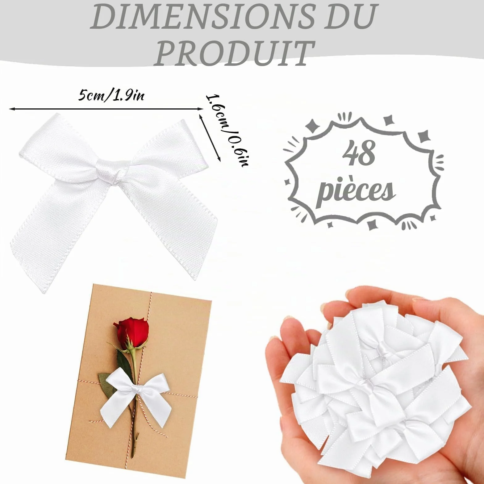 Noeud Cadeau Blancs 5cm Satin Soie Auto-adhésif – 48 Pièces pour Emballage Cadeaux Mariage Fêtes