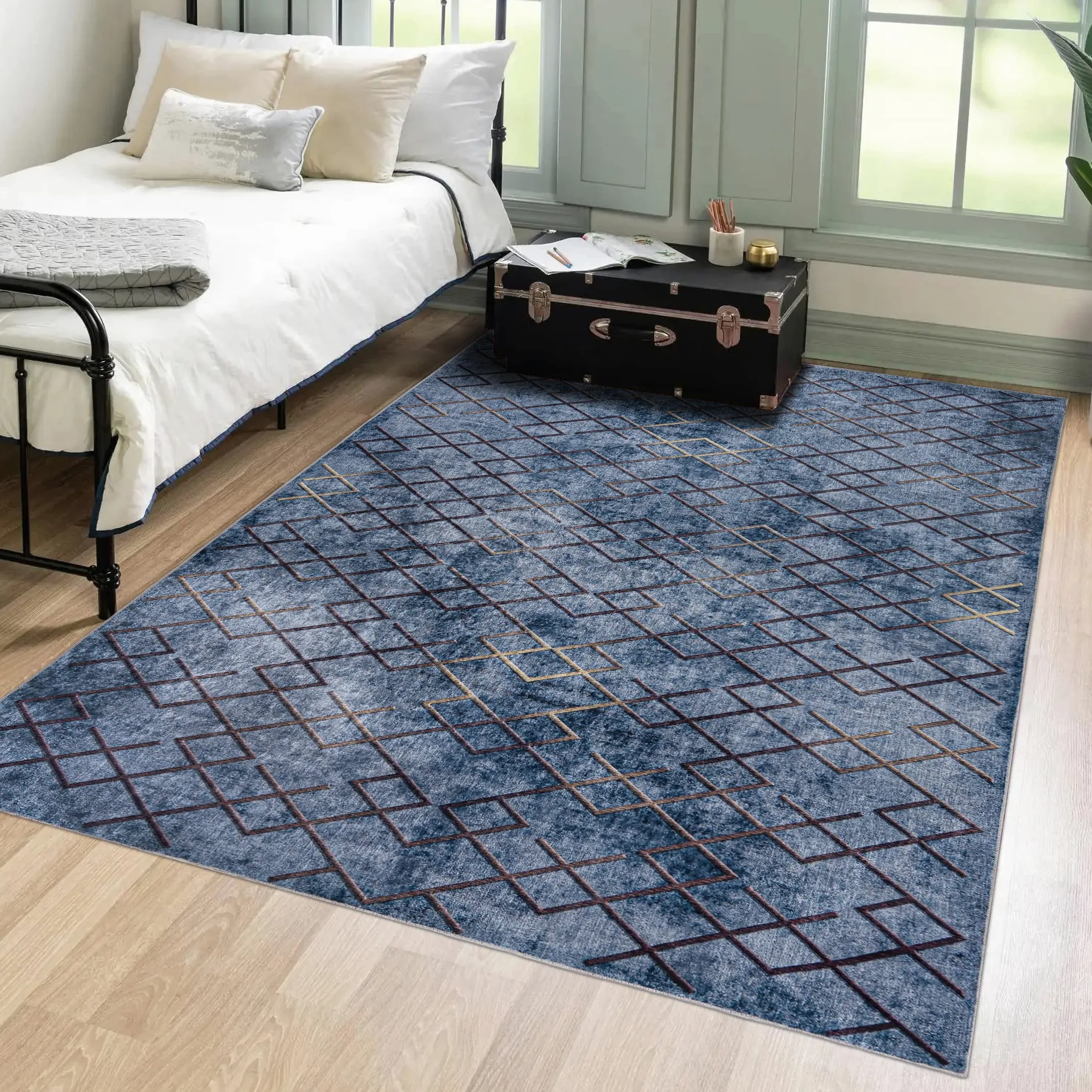 Mazovia Grand Tapis Salon 160x230cm Bleu Géométrique Élégant Antidérapant | Tapis pour Chambre Salle à Manger Bureau Lavable en Machine Anti-Allergène Chauffage au Sol Facile D'entretien Poils Courts