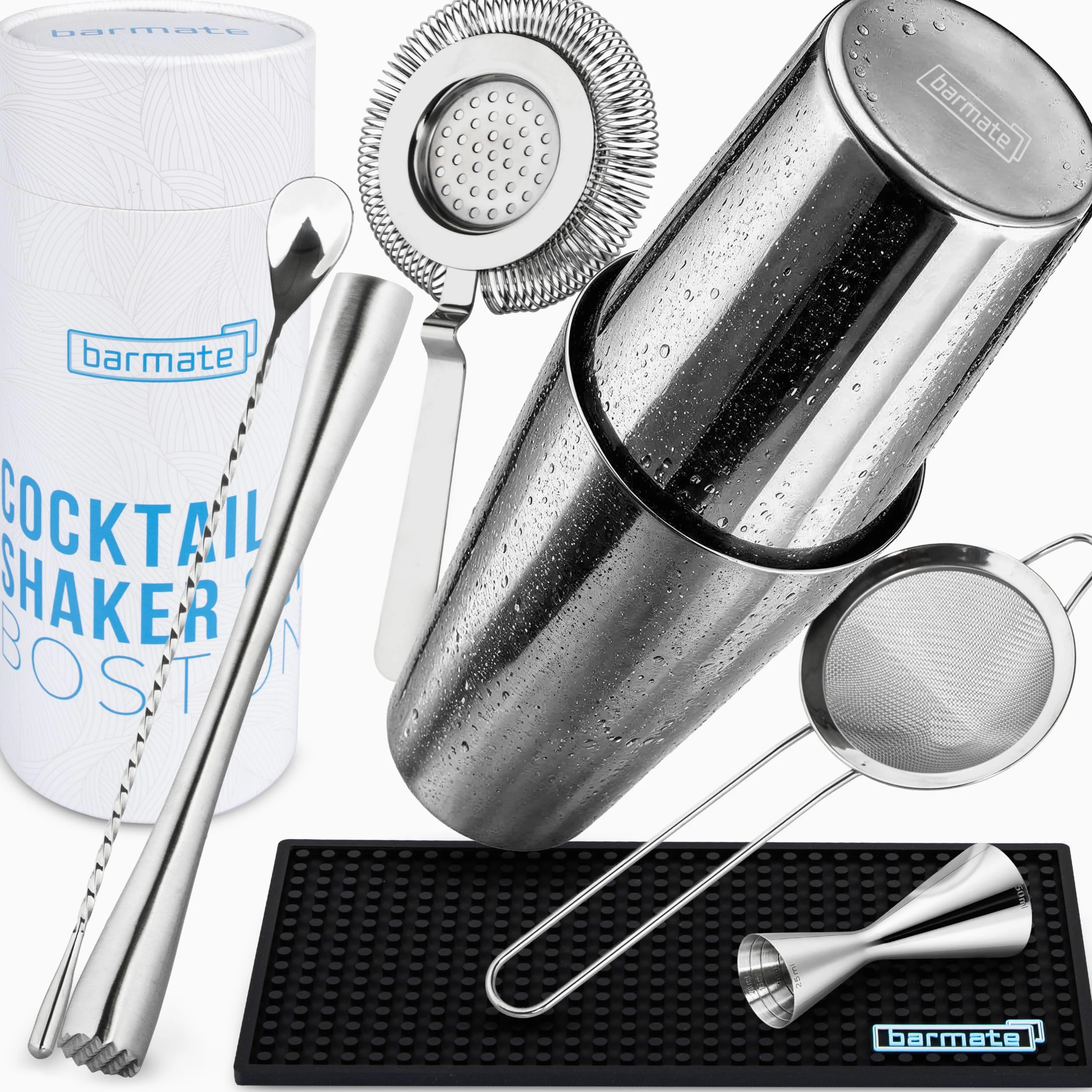 Ensemble Shaker à Cocktail barmate en Acier Inoxydable Boston, 7 pièces composé d'un Shaker, d'un Jigger, d'une cuillère de Bar, de 2 passoires, d'un Pilon et d'un Tapis de Bar