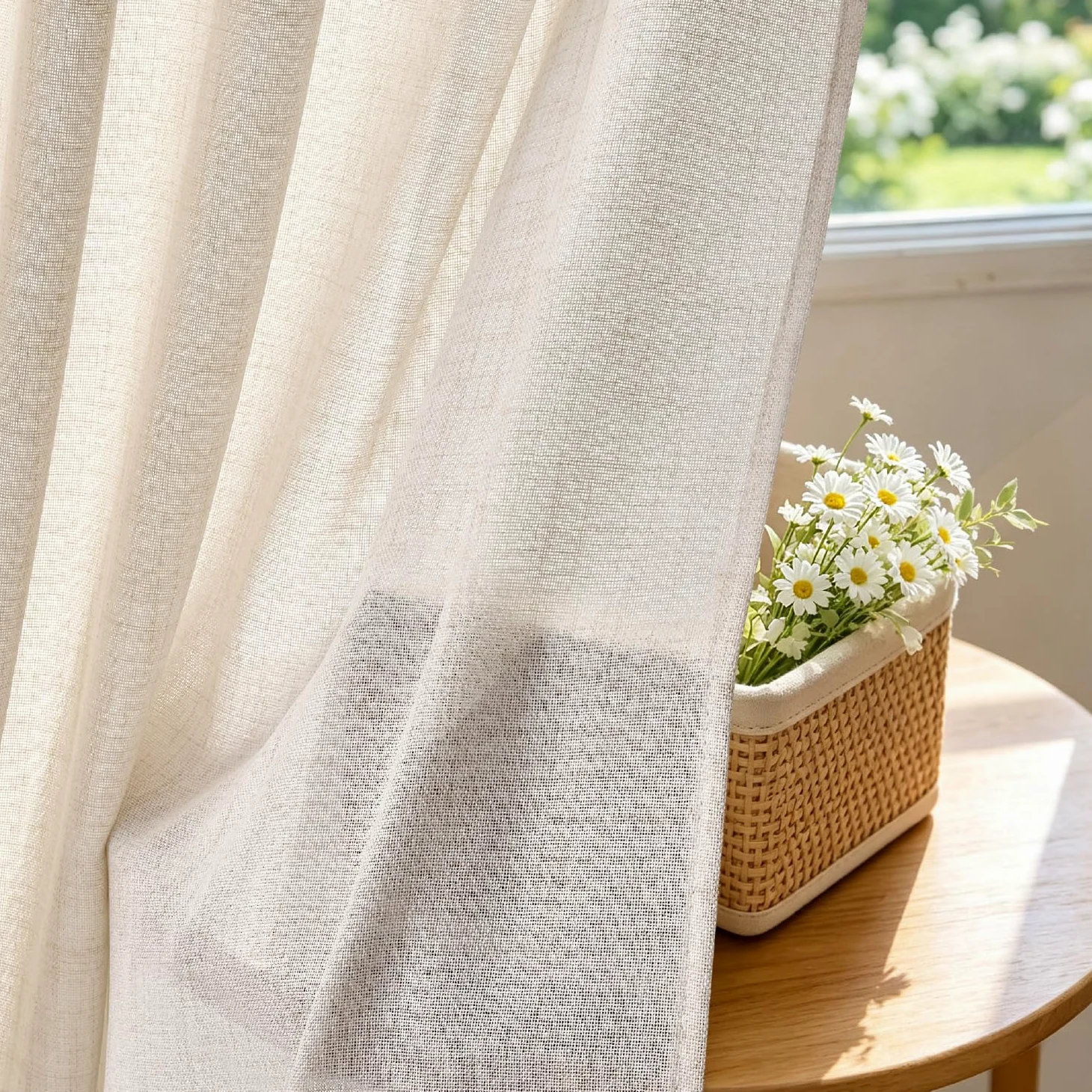 MIULEE Rideaux Aspect Lin Beige avec Ruban Lot de 2 140x260 cm | Tissu aspect lin semi-transparent pour salon et chambre; ruban pour une pose facile.