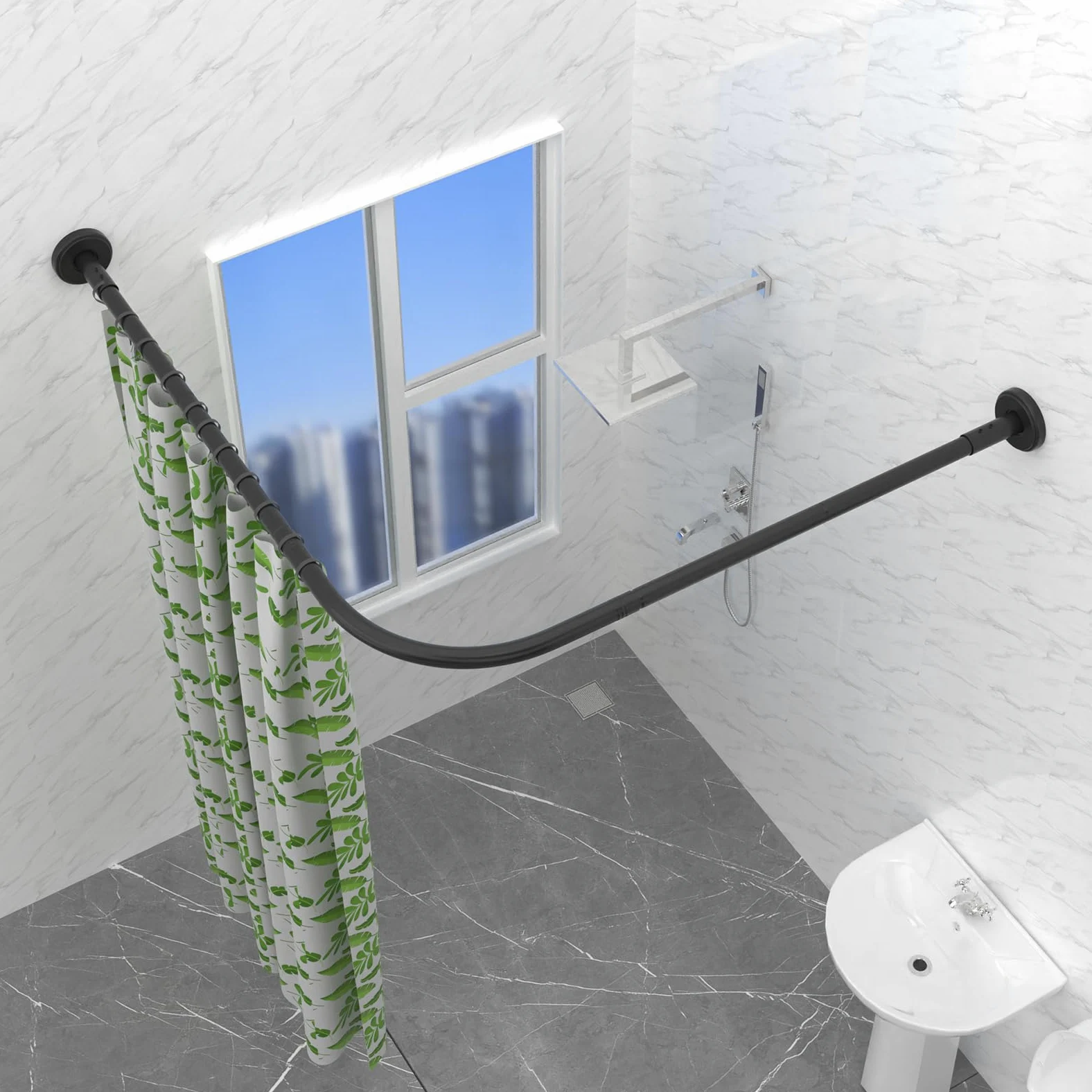 Tringle à Rideau de Douche L Forme, Barre De Douche Angle en Acier Inox, 75x170 cm Barre Rideau Douche Noir Réglable avec Anneaux, pour Salle de Bain Baignoire Vestiaire