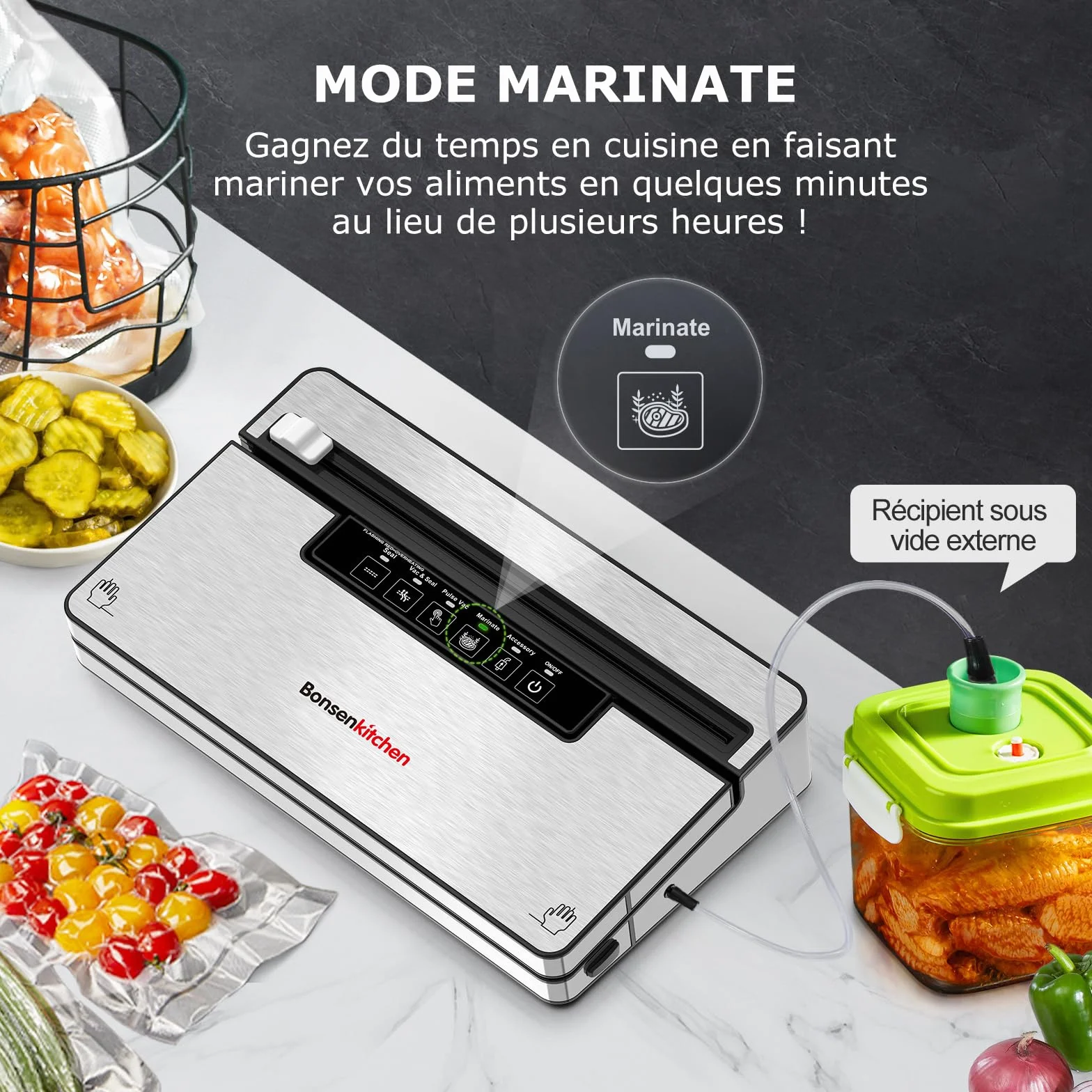 Bonsenkitchen Machine Sous Vide Alimentaire, 5 Modes-8 L/min, Technologie Globefish, 5 Sacs Sous Vide et 1 Sac en Rouleau