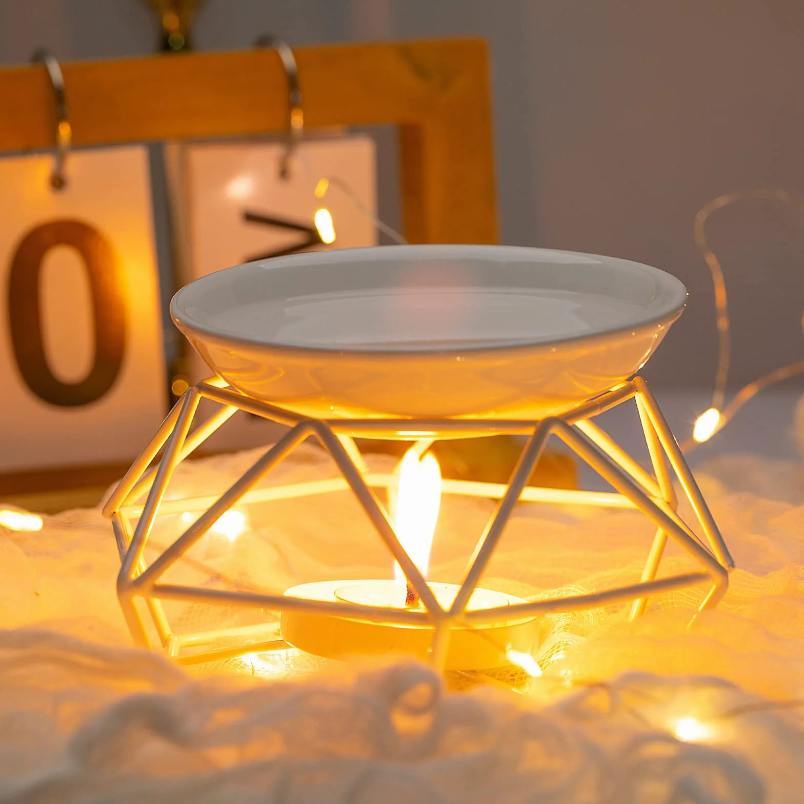 Lampe à Bougie Parfumée Métal Support Bougie Chauffe-Plat Blanc