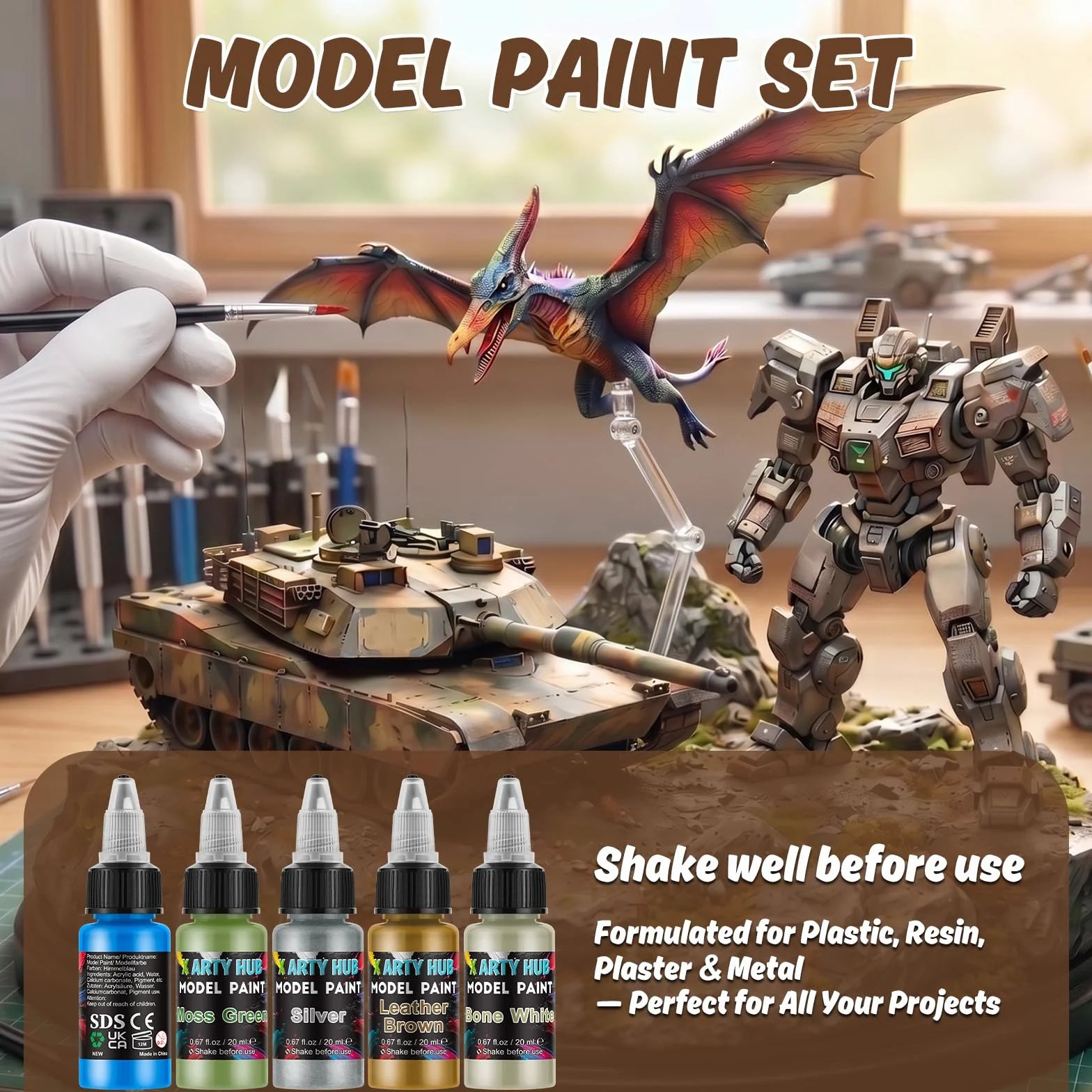 Kit de Peinture pour Maquettes avec Apprêts, Diluant et Pinceaux | 20 Peintures Acryliques, 3 Apprêts, 1 Diluant et 10 Pinceaux, Pinceau et Aérographe, pour Figurines, Miniatures & Modèles