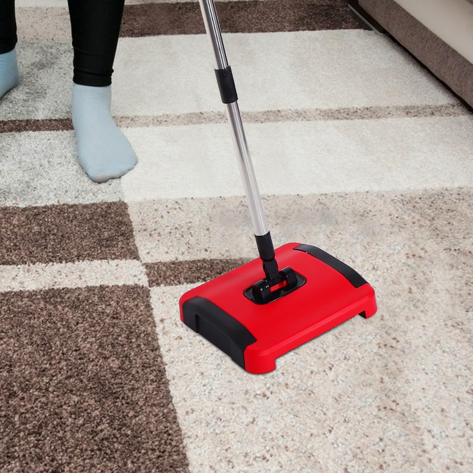 ibasenice Balai Poussoir Manuel sans Fil pour Maison, Nettoyeur de Tapis avec Brosses Rotatives en Pp et Acier Inoxydable, pour Sols Carrelés et Poussière