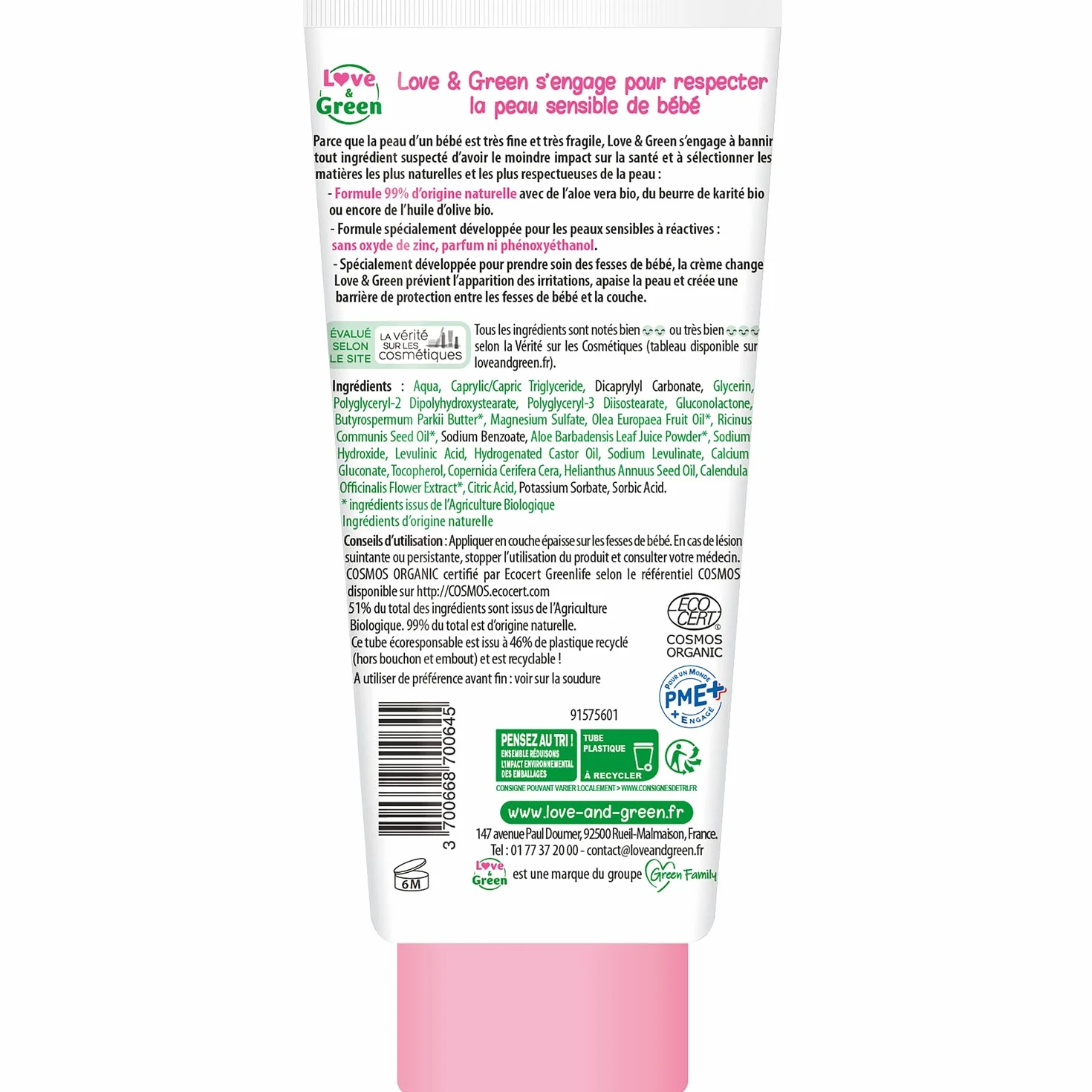 Love & Green Crème change 100ml Fabriqué en France
