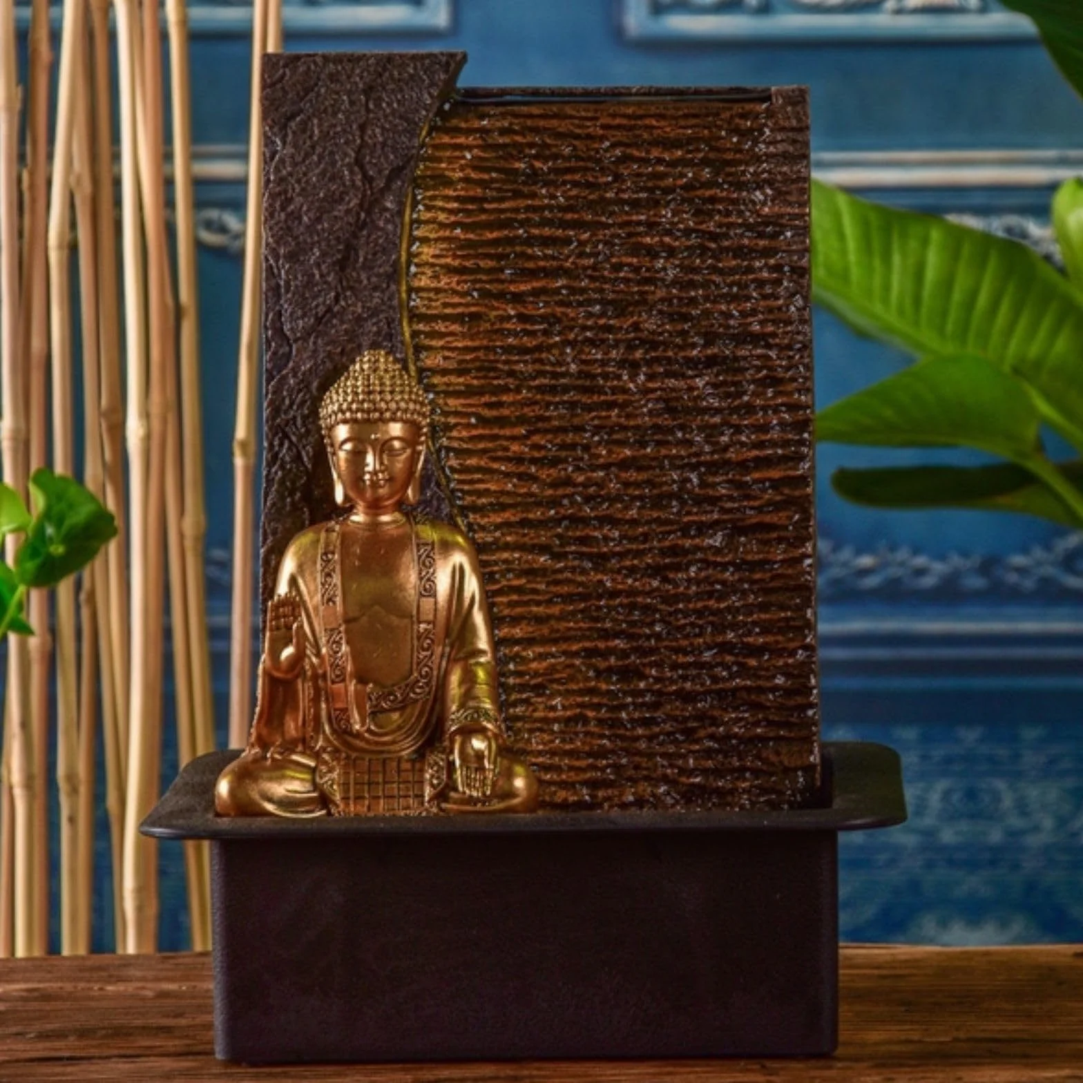 Fontaine d'Intérieur Bouddha Zen'Light Jati H 40cm avec Bandeau LED Jaune et Pompe Silencieuse