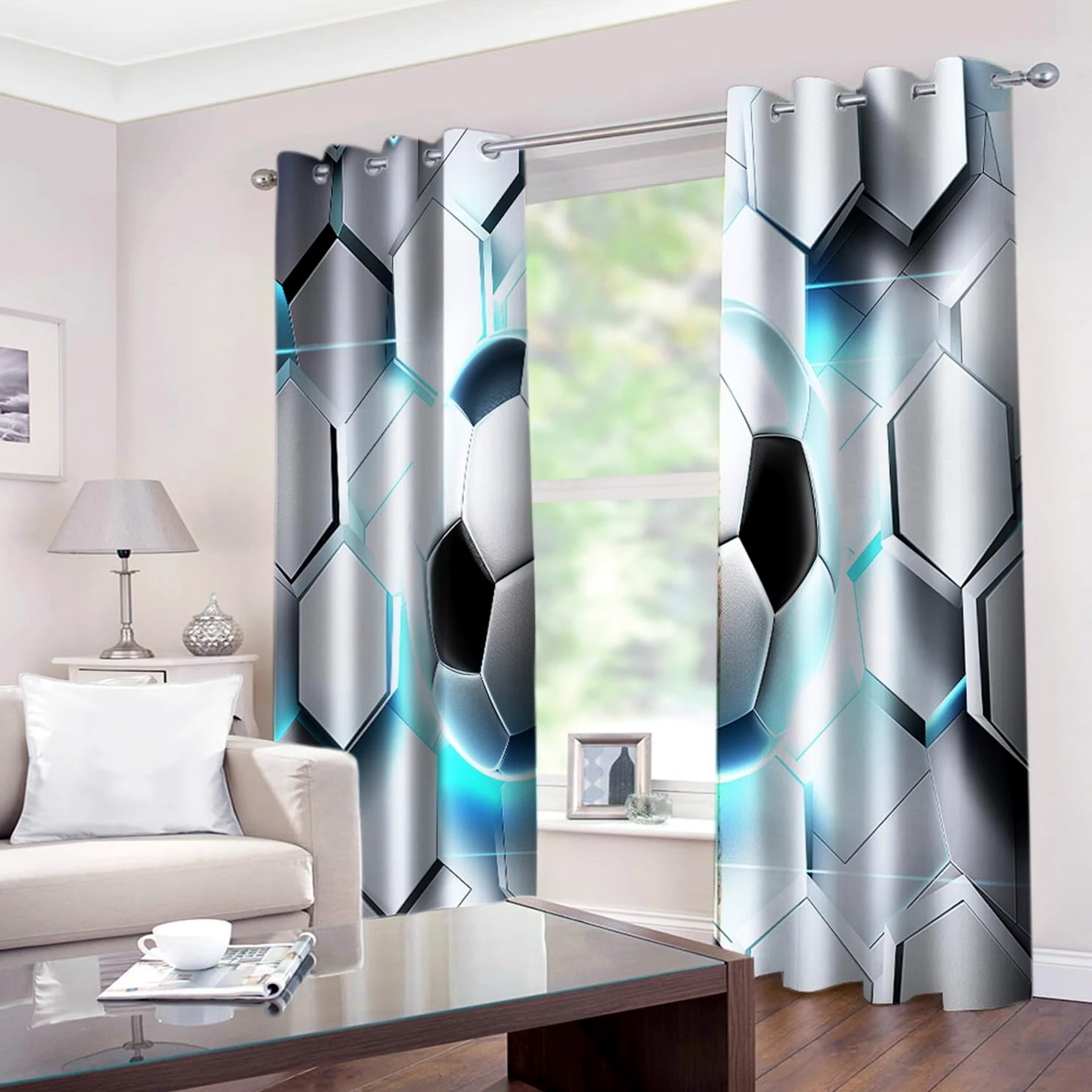 Lot de Rideaux Occultants à Oeillets Isolant Thermique Anti Froid Ballon de Foot Hexagonal animé Imprimés Blanc, Rideaux Salon Chambre pour Enfant Garcon, 110L X 215H cm (2 Panneaux)