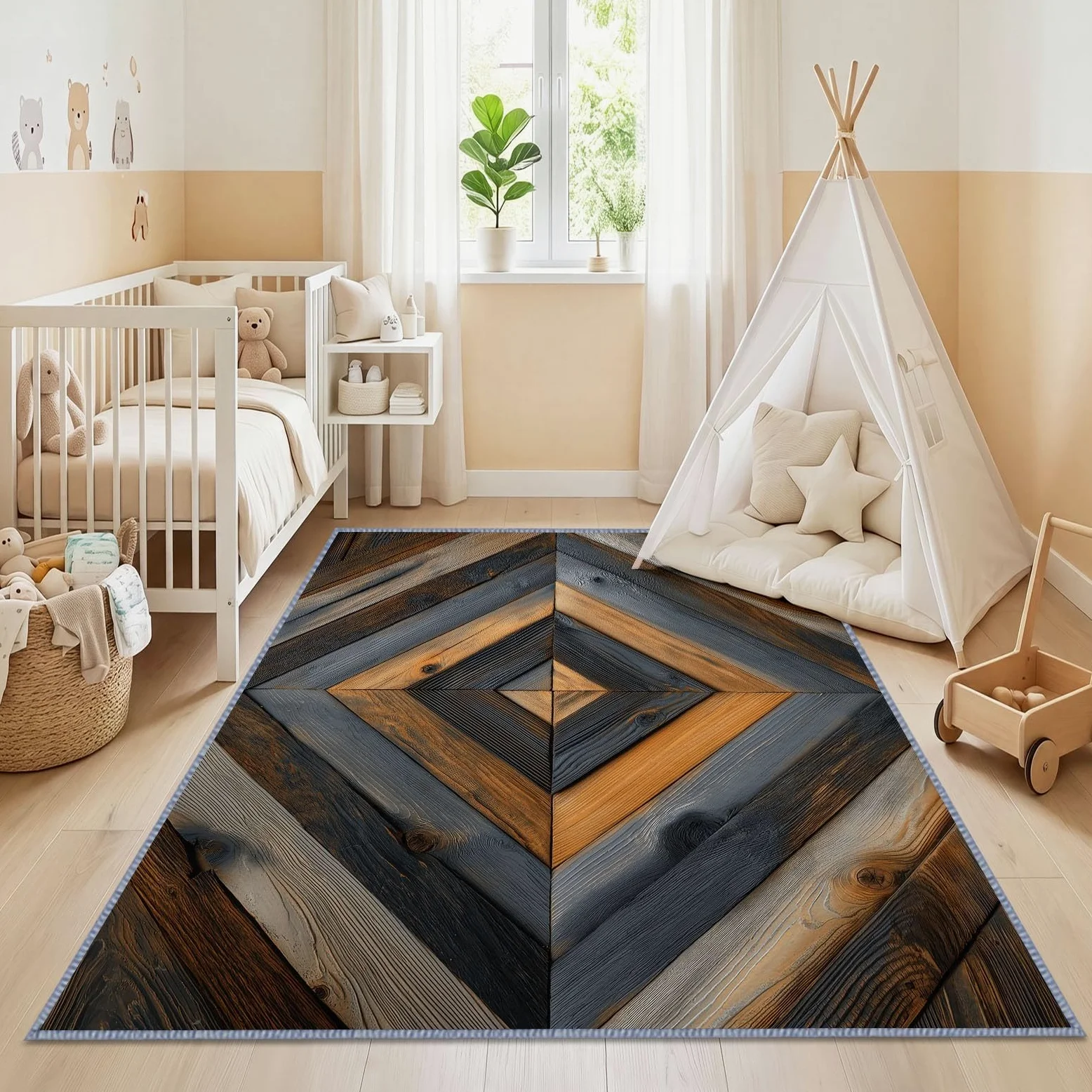 Tapis Salon Rustique Naturel Lavable 120 x 170 cm, Tapis à Poils Courts Motif Veinage du Bois Losanges Géométriques Antidérapant Doux Idéal pour Salle À Manger Chambre d'enfant Bureau