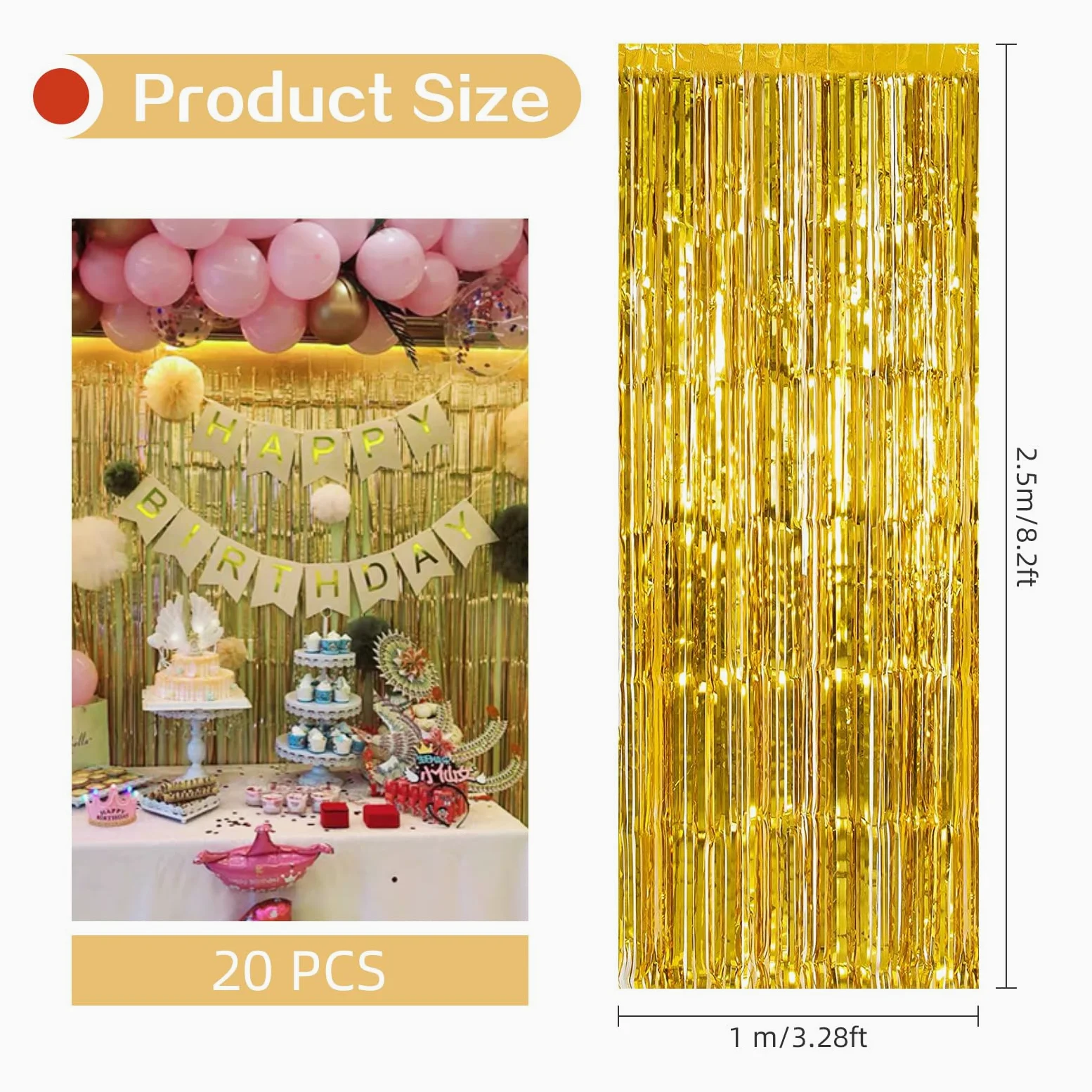 Lot de 20 rideaux à franges en feuille d'aluminium métallique pour décoration de fête d'anniversaire, cabine photo, 1 x 2,5 m (doré)